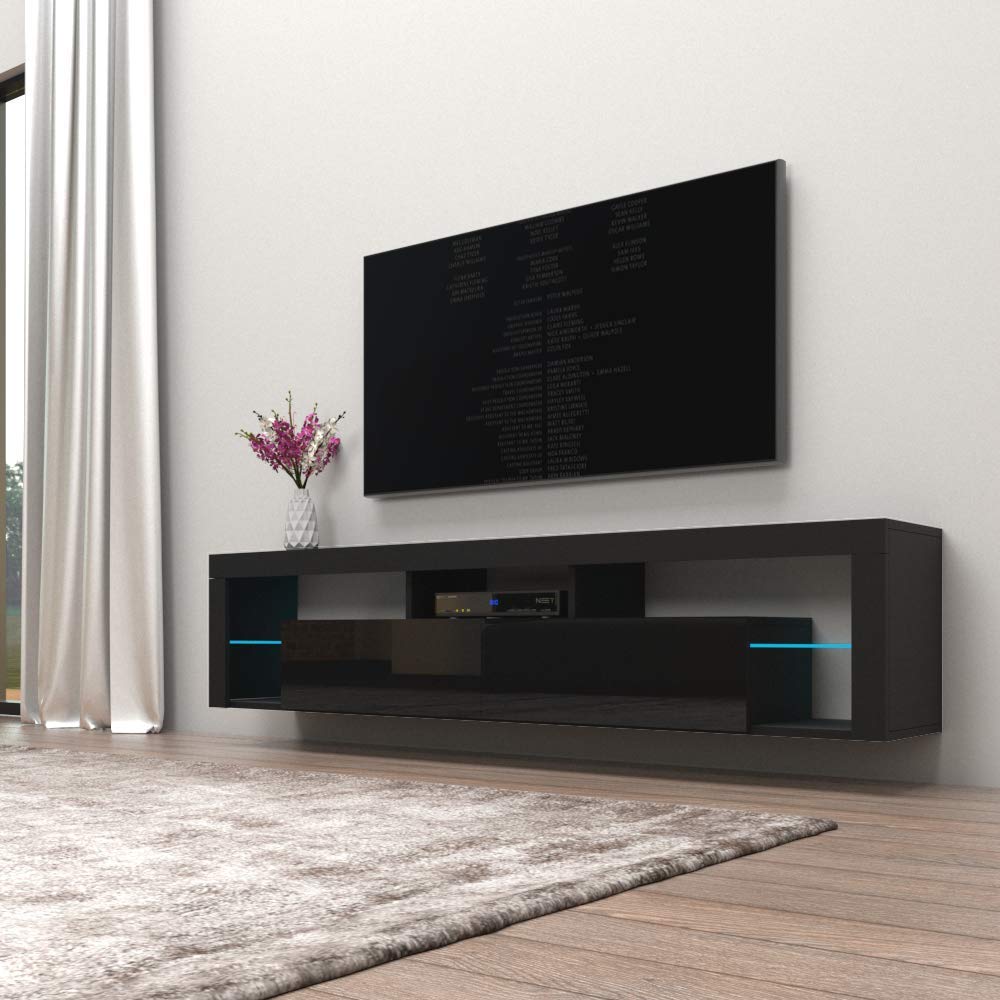 Modern Floating TV Stand Milano 200 - High Gloss Wall Mounted Entertainment Center with LED Lights & Storage Cabinets - Fits TVs Up to 90 Inches - Black - Perfect for Living Room, Bedroom & Home Theater Setup