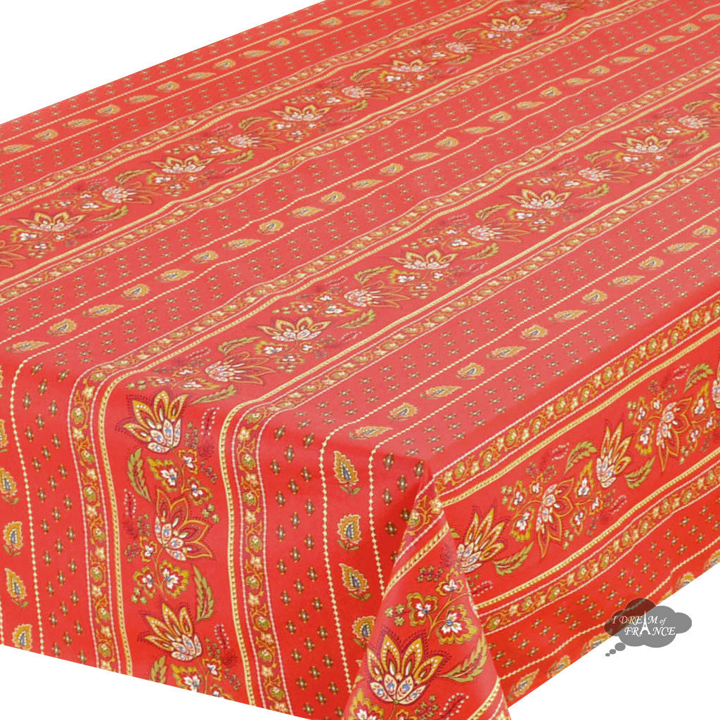 58 Inch Square Lisa Red Acrylic Coated Cotton Provence Tablecloth by Le Cluny - Waterproof & Wrinkle-Resistant Dining Table Cover for Outdoor Picnics, Dinner Parties & French Country Decor