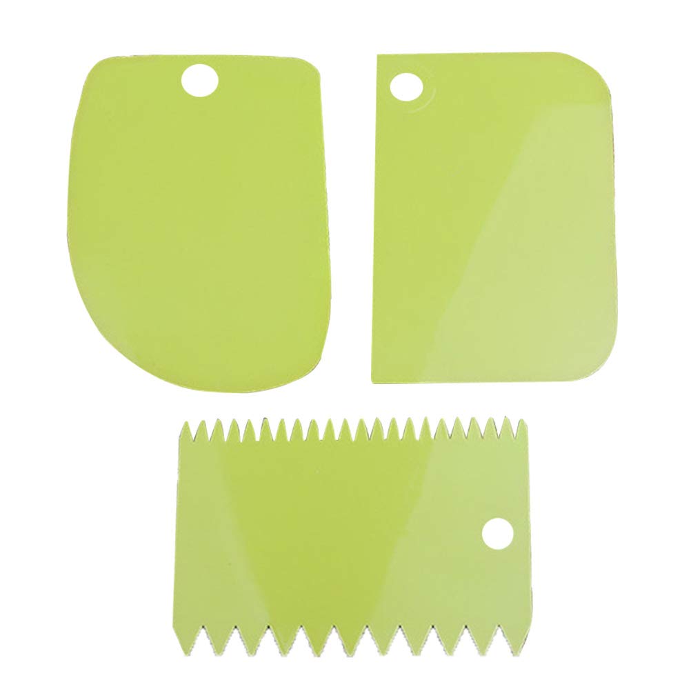 Hemoton Premium 3-Piece Dough Scraper Set - Dual-Sided Comb Design with Curved & Flat Edges - Flexible Kitchen Scrapers for Baking, Bread Making & Cake Decorating - Ideal for Food Processors, Mixing Bowls & Dough Preparation (Green)
