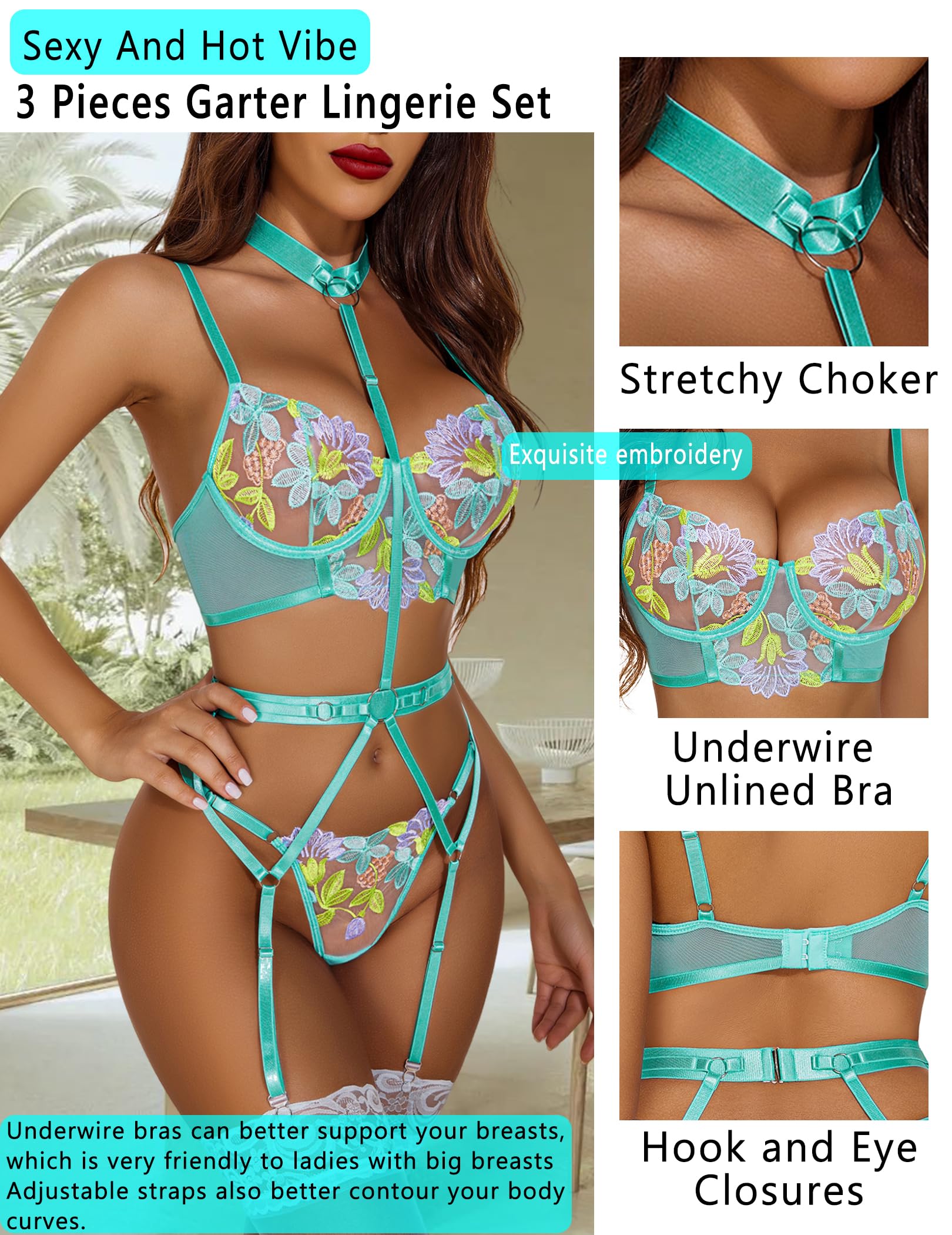 **Avidlove Women's Sexy Garter Lingerie Set with Removable Choker & Floral Embroidered Underwire - Elegant Boudoir & Special Occasion Wear (No Stockings Included)**