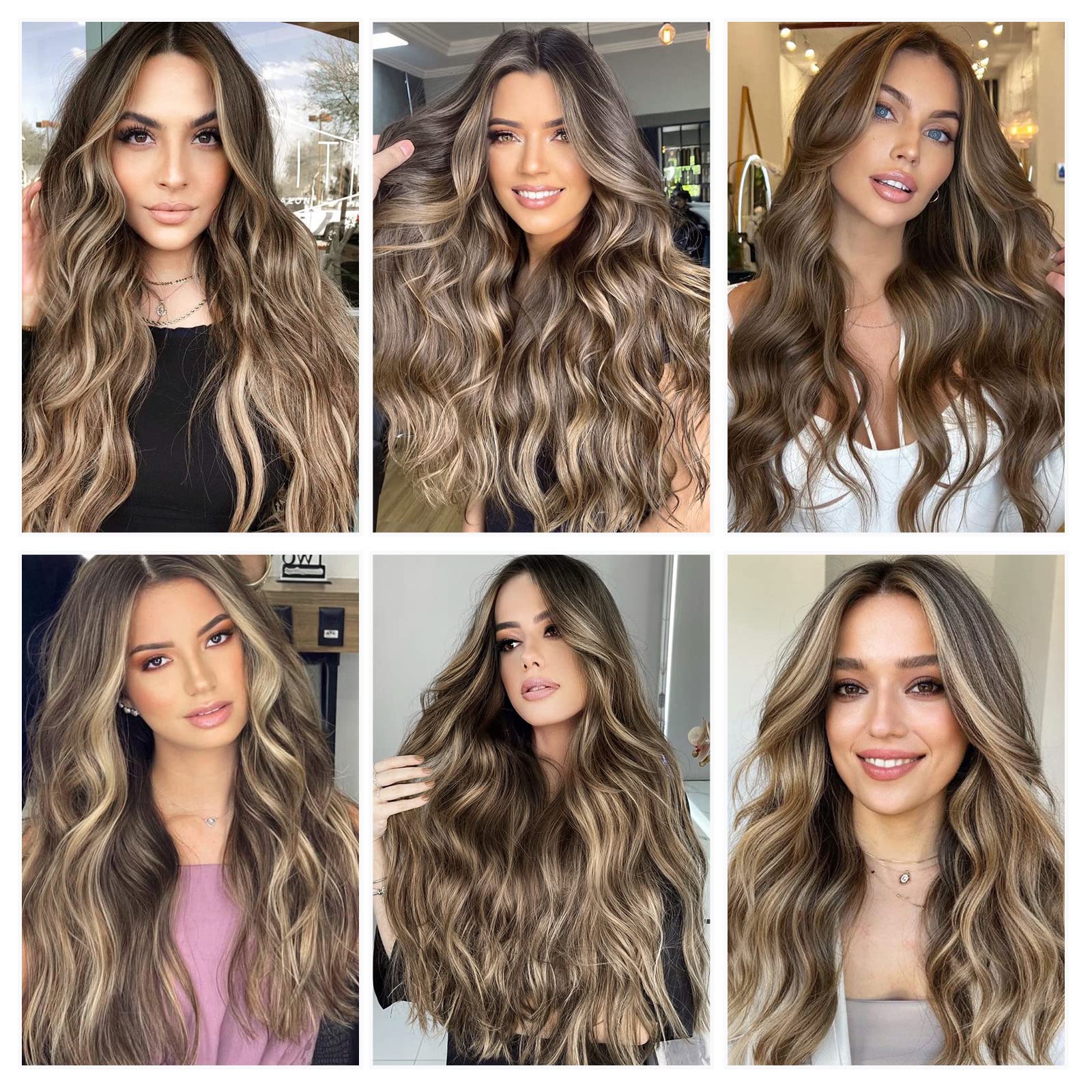 20 Inch Wavy Clip-in Hair Extensions for Women - 6pcs Double Weft Synthetic Hair Piece, Thick Long Curly Hair Extensions (Brown Mixed Ash Blonde) - Perfect for Parties, Weddings & Daily Styling
