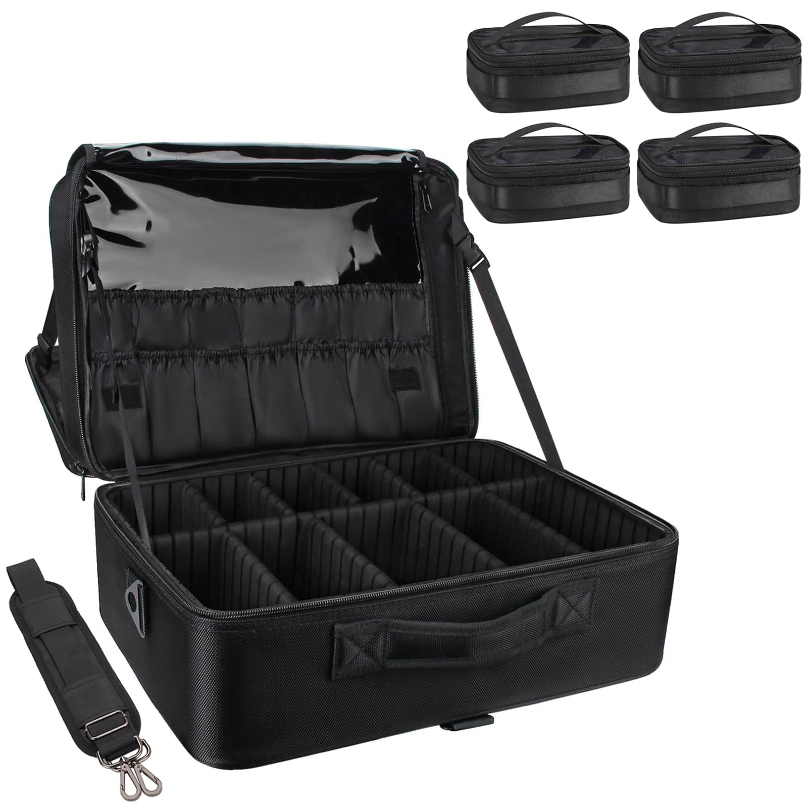 Relavel Extra Large Makeup Case with 4 Pcs Makeup Bags - Professional Makeup Artist Organizer Set, Portable Nail & Art Supply Storage Box with Adjustable Dividers (5 Pack, Black) | Perfect for Travel, Salon & Home Beauty Organization