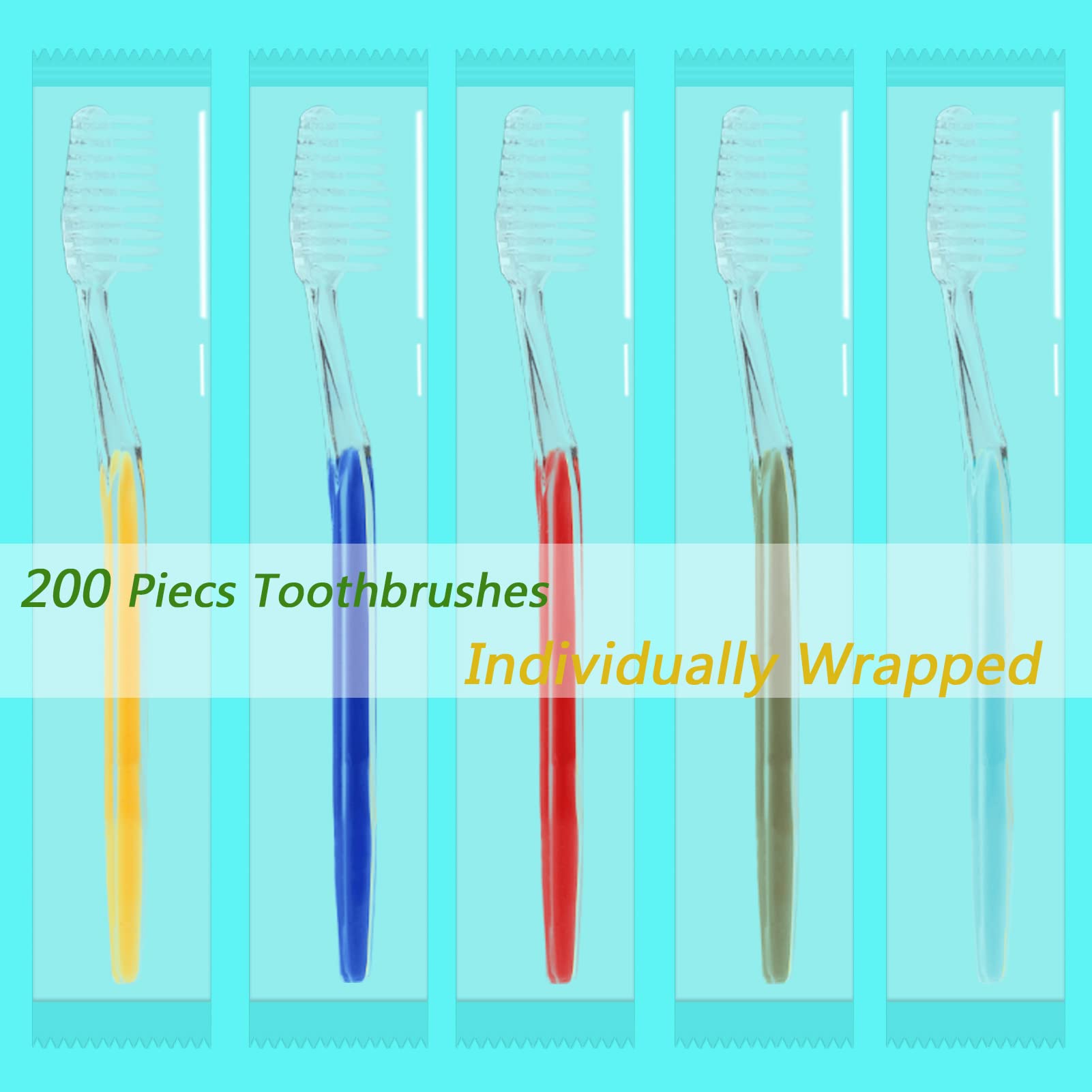 Homvle 200 Pack Disposable Toothbrushes - Individually Wrapped Medium Soft Bristle Travel Toothbrushes Bulk for Adults & Kids | Hotel Toiletries, Camping, Airplane Travel Essentials (5 Colors)