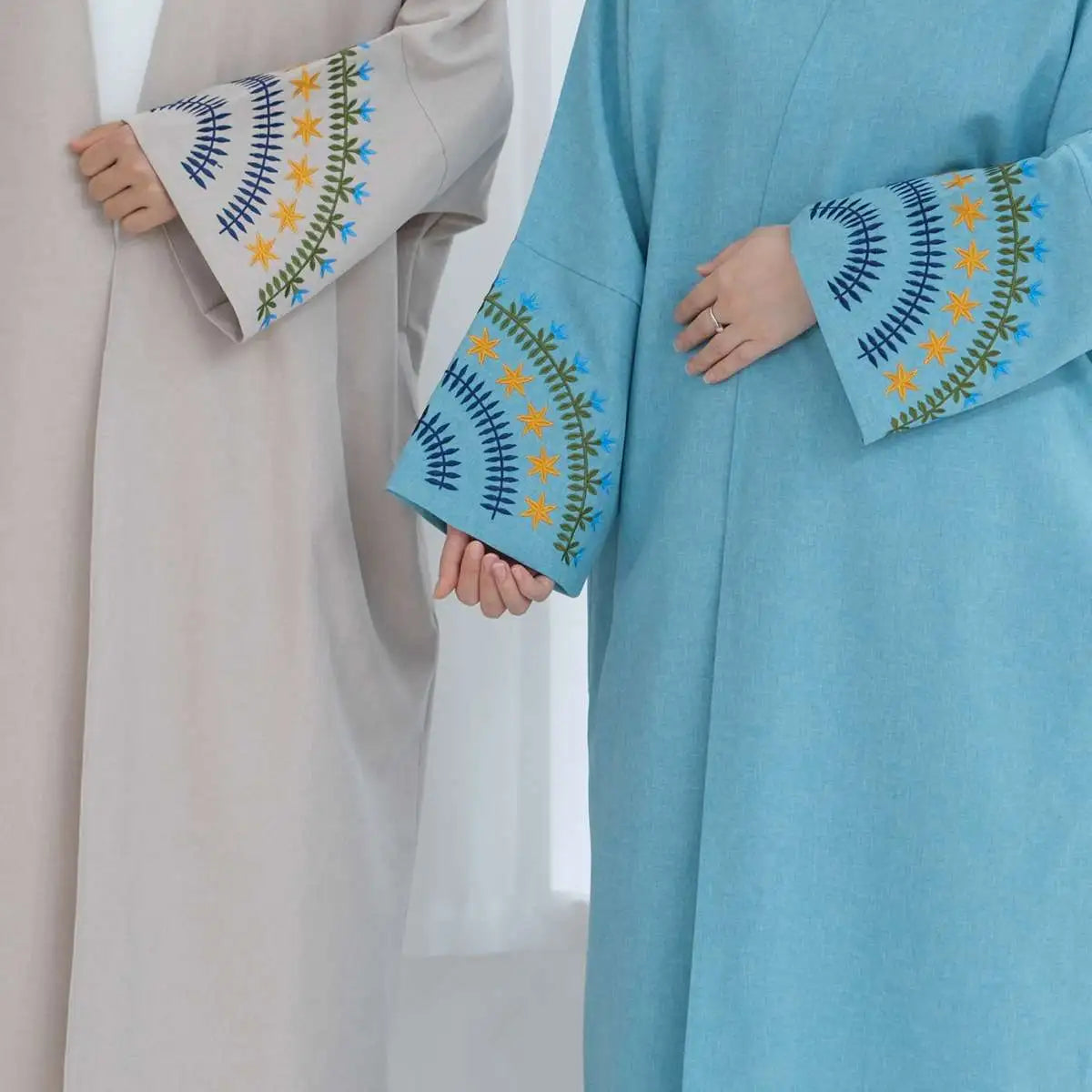 Elegant Colorful Embroidery Cuff Cardigan Open Abaya Dress for Women - Boho Chic Cover Up for Mosque, Prayer, and Special Occasions