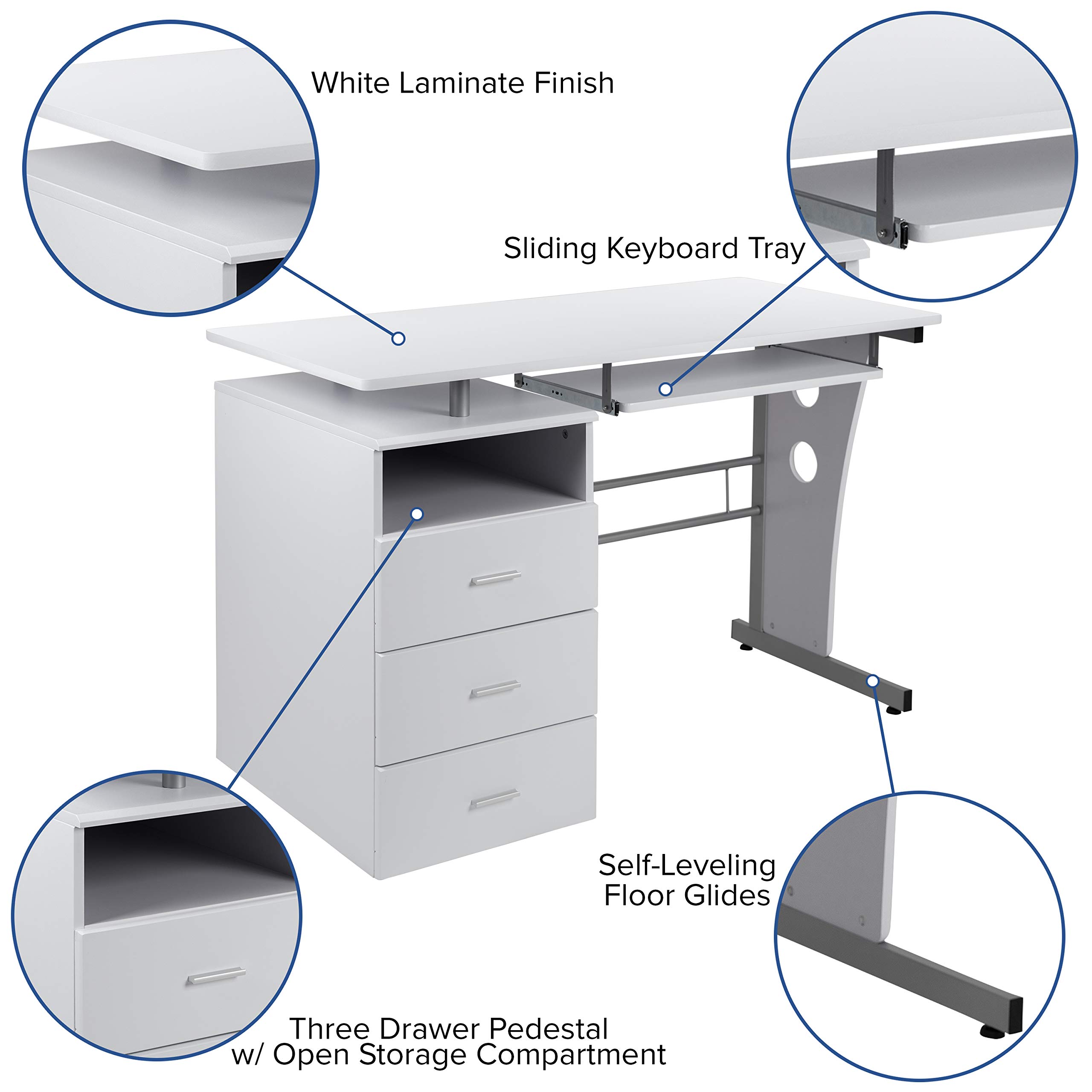 Emma & Oliver White 3-Drawer Single Pedestal Computer Desk with Pull-Out Keyboard Tray - Home Office Workstation for Small Spaces, Writing & Study Desk