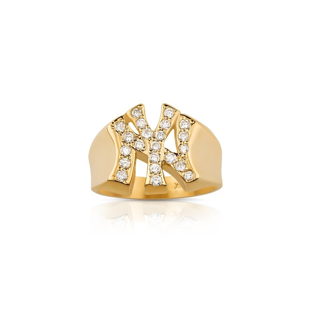 14K Solid Yellow Gold Diamond NY Yankees Ring 0.7 Carat Total Weight - Perfect for Baseball Fans, Game Day Jewelry & Sports Enthusiast Gifts