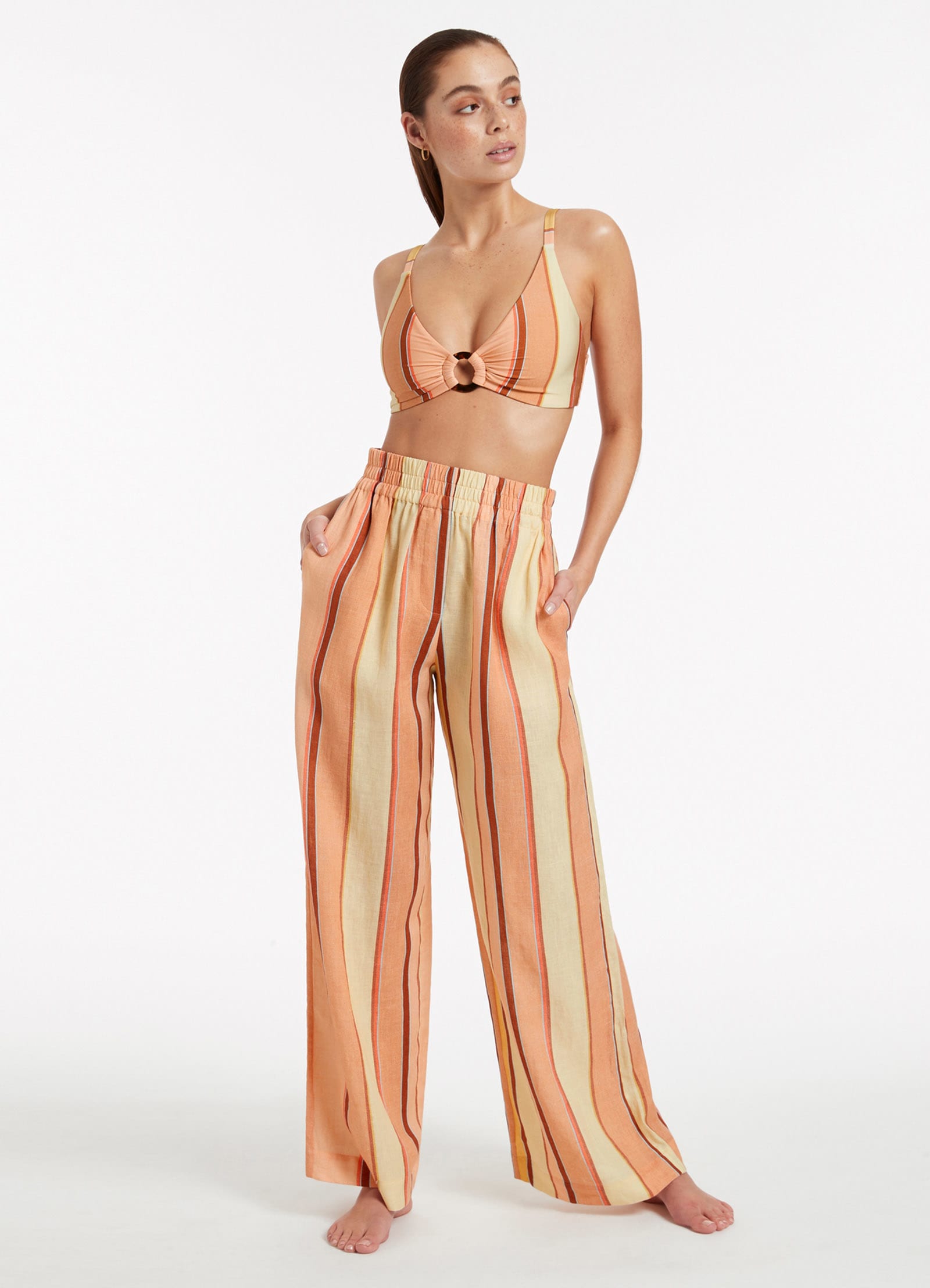Fira Striped Wide Leg Pants for Women - High Waisted Flowy Lounge Pants in Marigold Yellow | Perfect for Yoga, Travel & Casual Wear