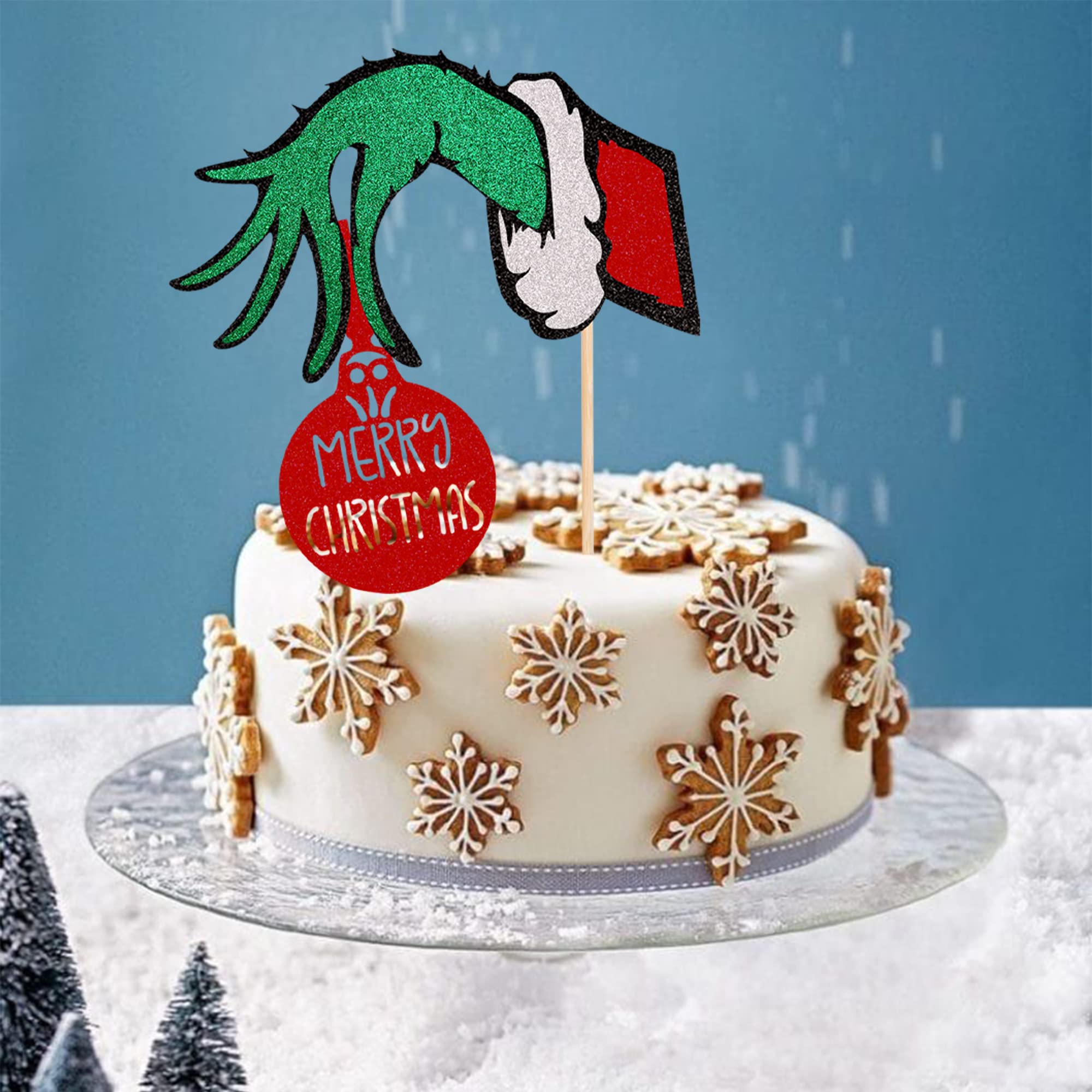 1 PCS Merry Christmas Cake Topper with Red and Green Glitter - Christmas Party Cake Decorations - Holiday Baking Supplies for Christmas Desserts, Cupcakes, and Festive Treats