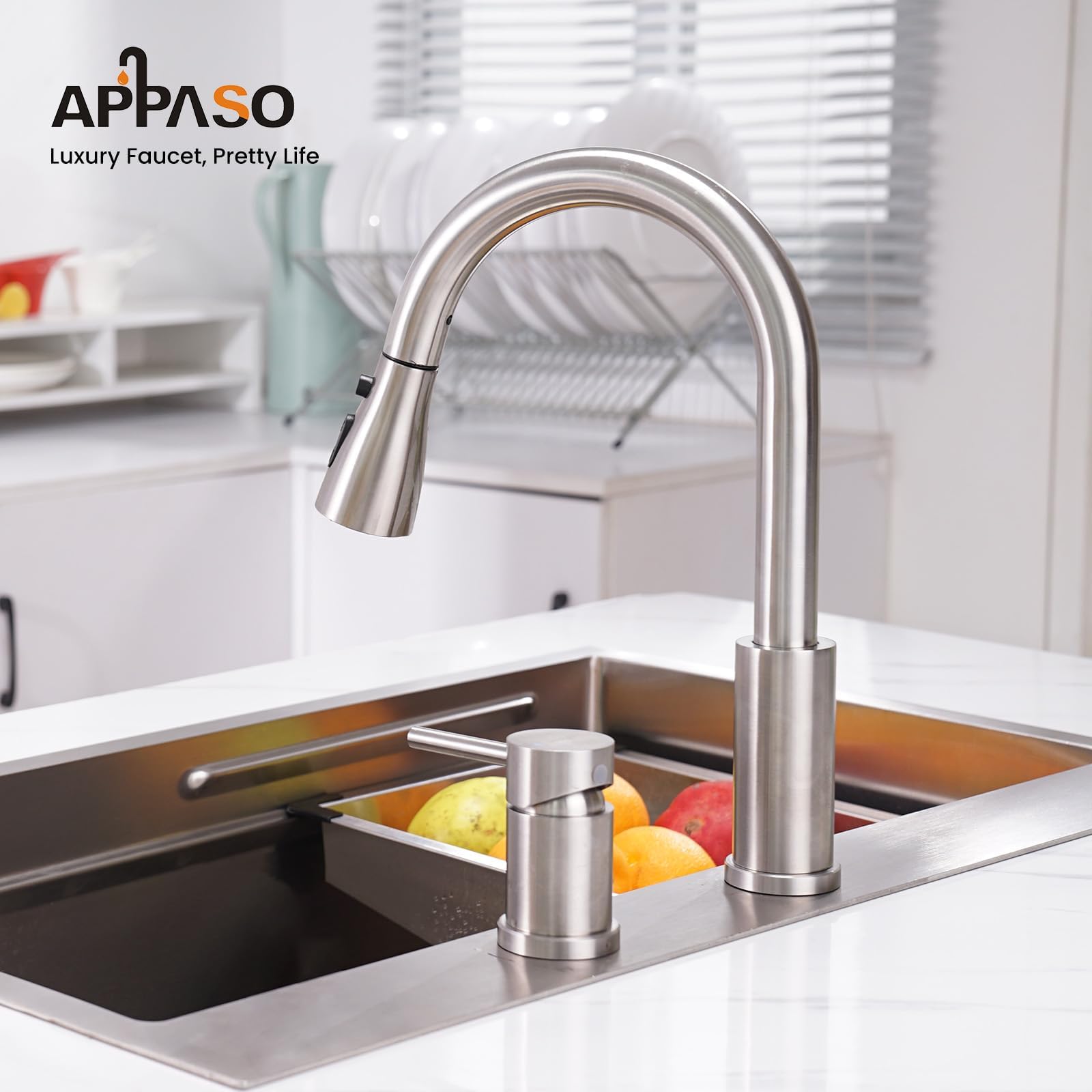 APPASO 2 Hole Kitchen Faucet - Brushed Nickel High Arch Pull Down Sprayer with 3 Modes, Stainless Steel Single Handle Modern Sink Faucet (2 Pack) - Perfect for Residential Kitchens, Restaurants & Commercial Use
