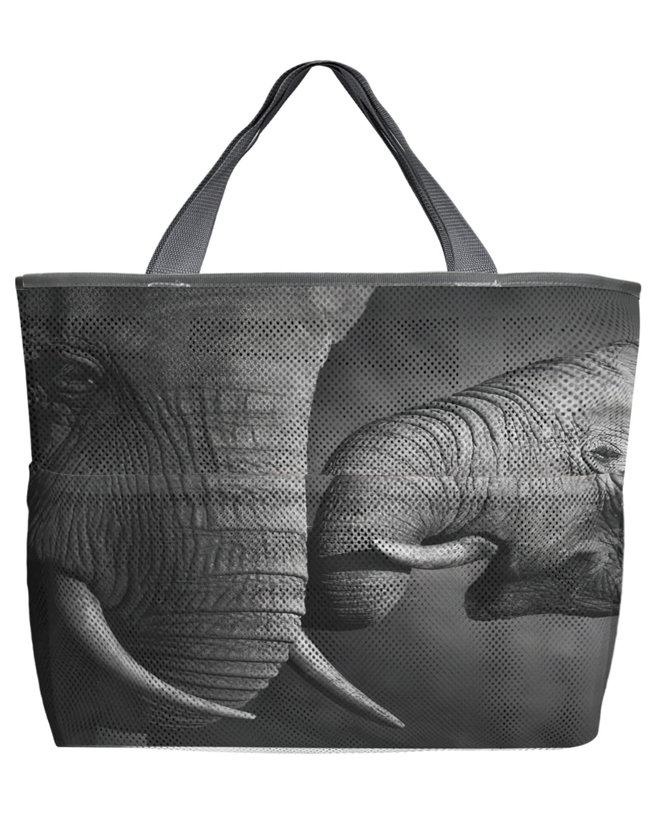 Wild Elephant Mesh Beach Tote Bag - 60L Oversized Foldable Lightweight Swim Bag with Pockets for Women, Mother & Baby Elephant Family Design - Perfect for Beach, Pool, Grocery Shopping & Travel (24