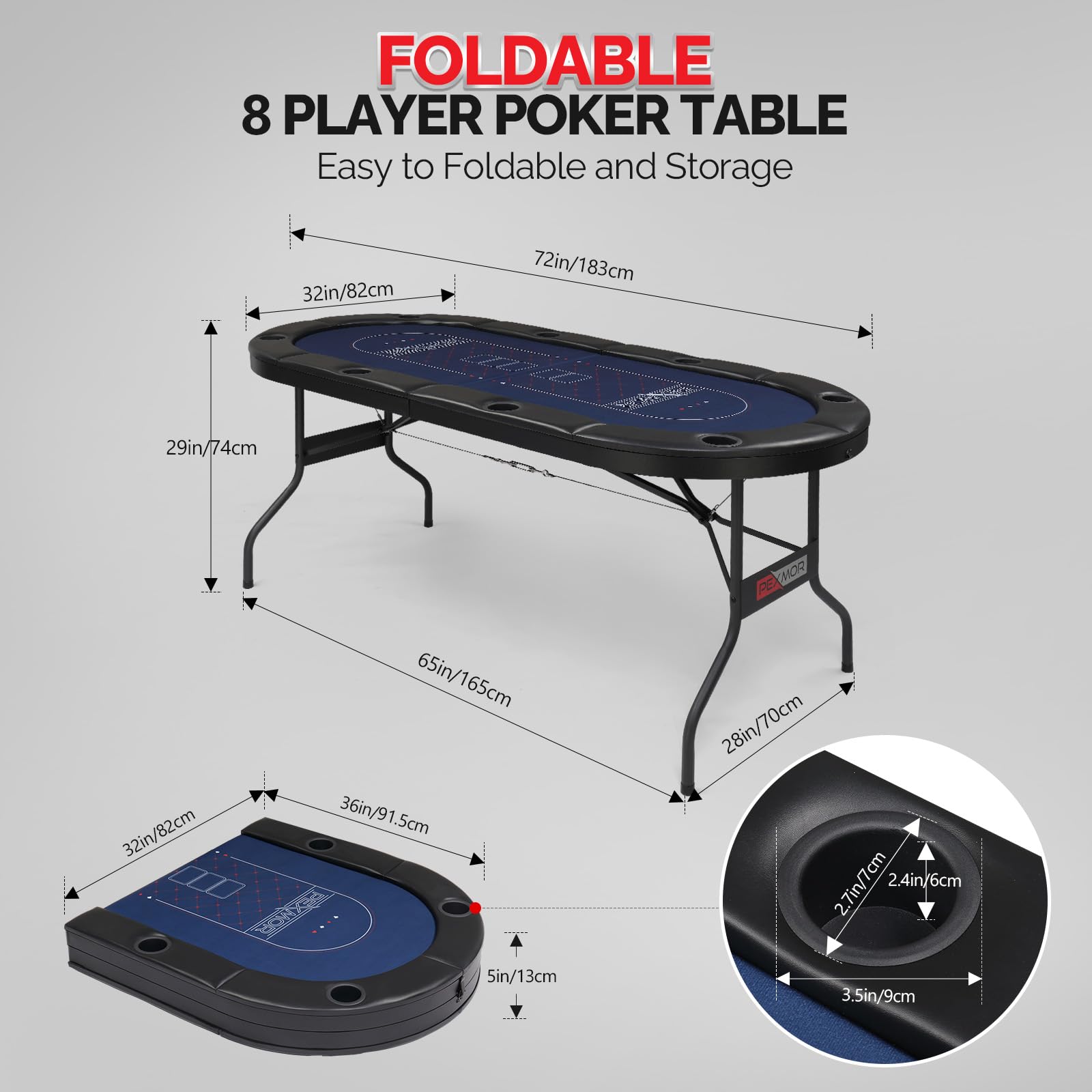 PEXMOR 8-Player Foldable Poker Table with Stainless Steel Cup Holders - Casino-Grade Felt & Water-Resistant Cushioned Rail - Texas Holdem Blackjack Game Table for Home & Casino Nights | Perfect for Poker Parties, Game Rooms & Casino-Themed Events