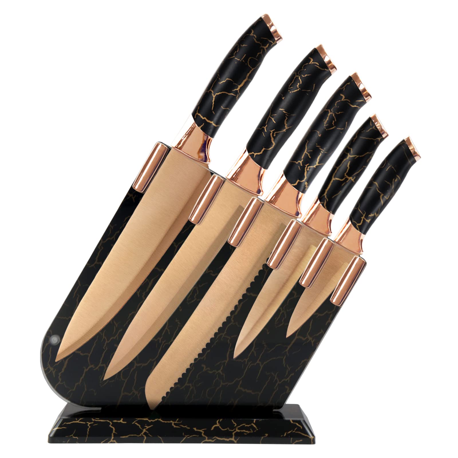 Premium 6-Piece Kitchen Knife Set with Acrylic Storage Block - Stainless Steel Black Marble Handle & Champagne Gold Blades - Sharp Chef Knives for Cooking, Slicing, Chopping - Perfect Gift for Home Chefs & Culinary Enthusiasts