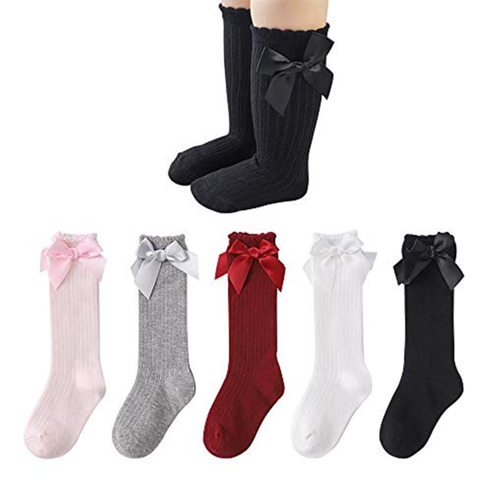 Juebm Baby Girls Knee High Socks - 3/5 Pack Toddler Tube Socks with Ruffles for 0-5 Years | Soft Cotton Long Stockings for School Uniform & Daily Wear | Perfect for Infants, Toddlers & Preschoolers