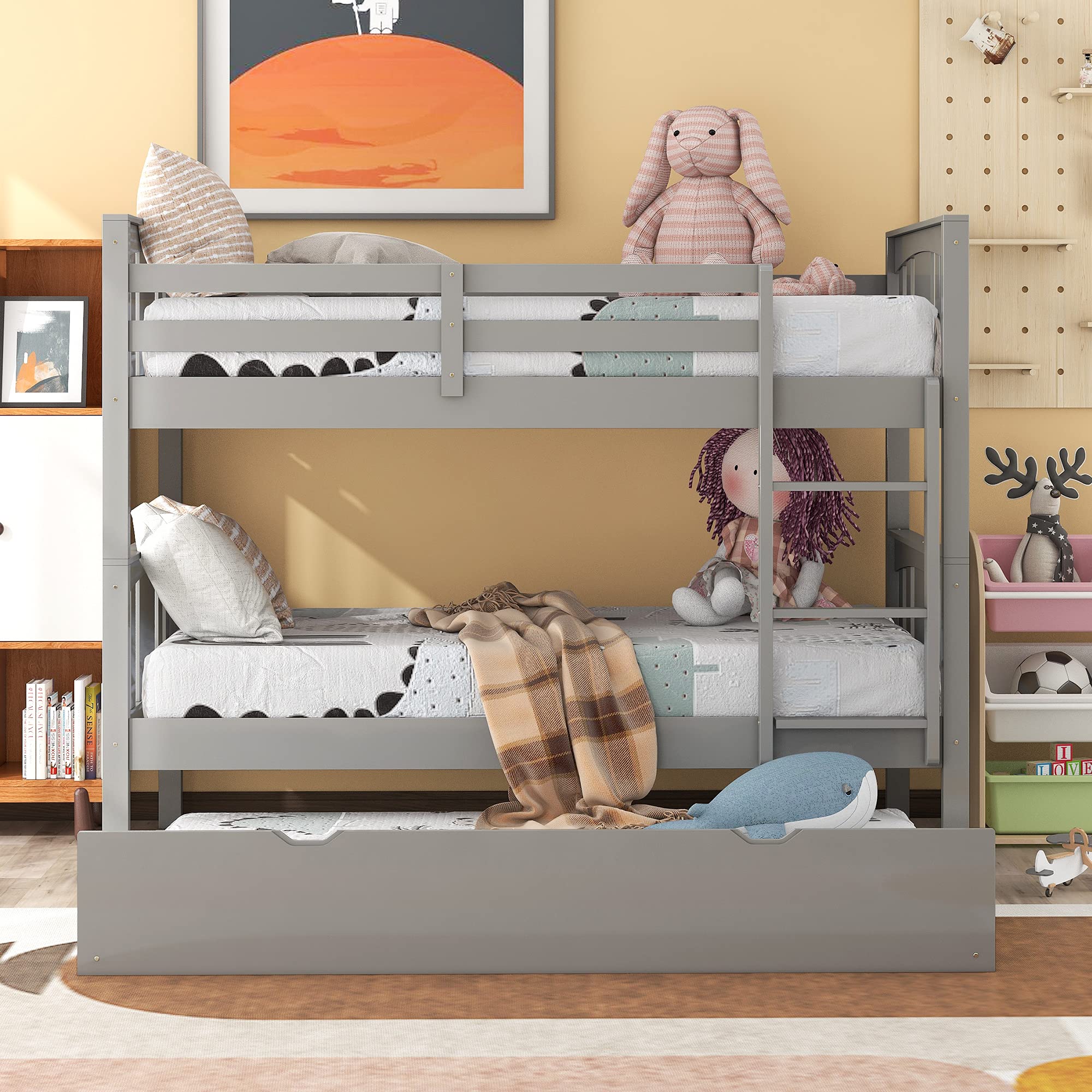 **Twin Over Twin Bunk Bed with Trundle for Kids - Solid Wood Bunk Bed Frame with Headboard, Footboard & Ladder - No Box Spring Needed - Space-Saving Bedroom & Guest Room Furniture (Gray) - Perfect for Small Rooms, Sleepovers & Shared Kids' Bedrooms**