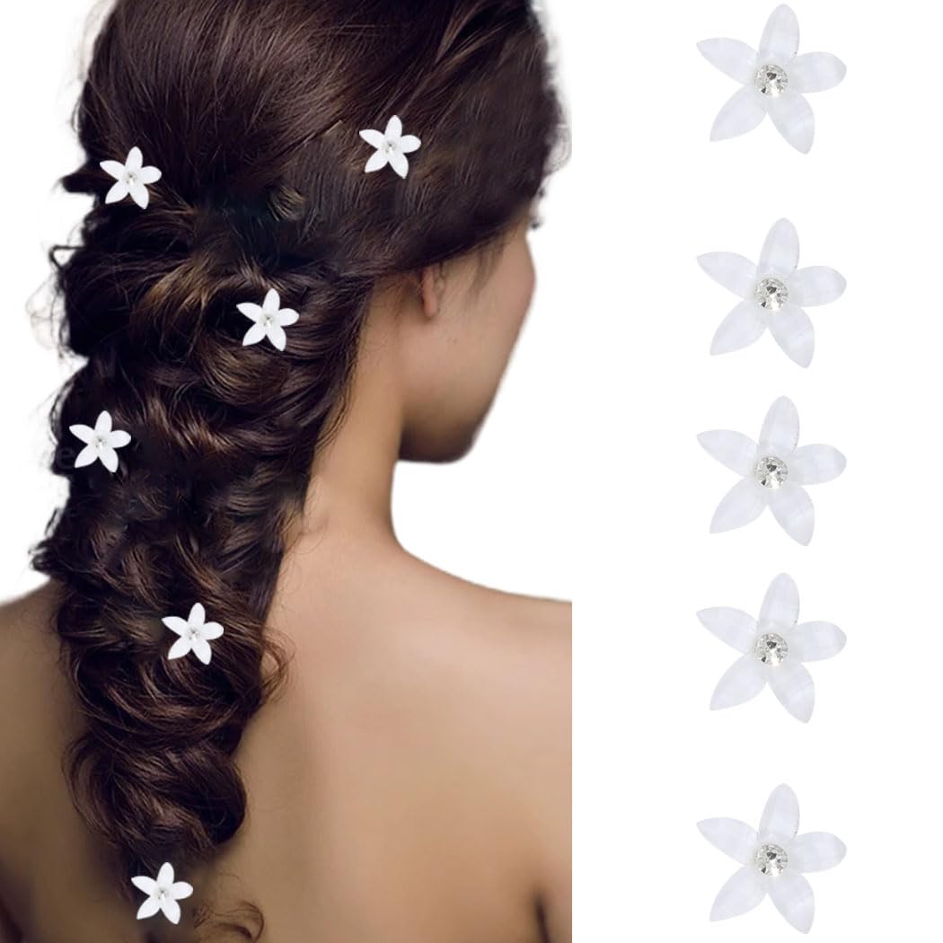 BARTOSI Small White Flower Hair Clips - Pack of 5 Floral Hair Barrettes for Women & Girls | Wedding, Bridal, Boho, Princess & Rapunzel Hair Accessories