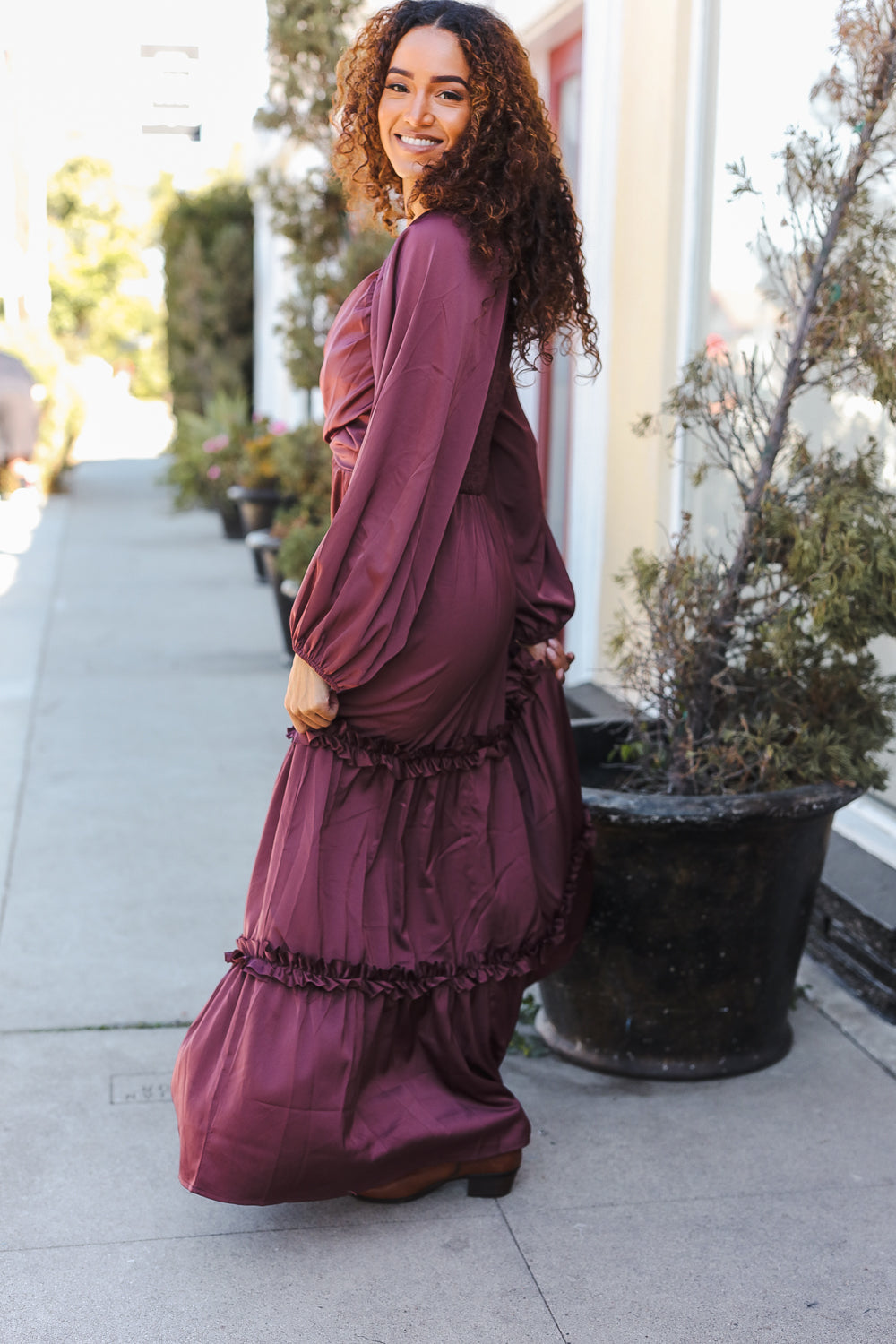 Holiday Vibes Wine Satin Front Overlap Smocked Back Maxi Dress for Women - Elegant Party Gown for Christmas, New Year & Special Occasions