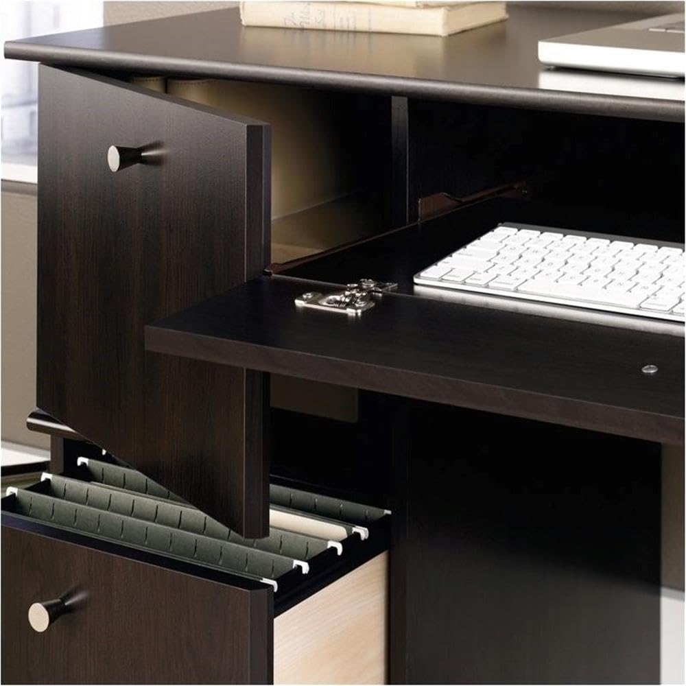 Pemberly Row Transitional Wood Computer Desk with Keyboard Tray in Cherry Finish - Home Office Desk for Work, Study & Gaming