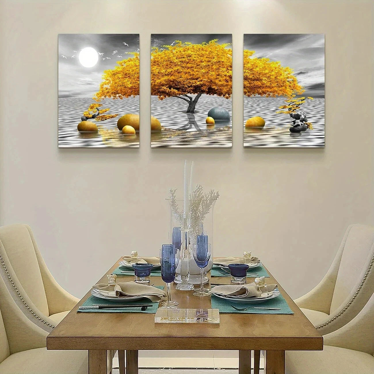 3-Piece Abstract Black White Yellow Tree Metal Wall Art - Ready to Hang Modern Home Decor for Living Room, Bedroom & Office