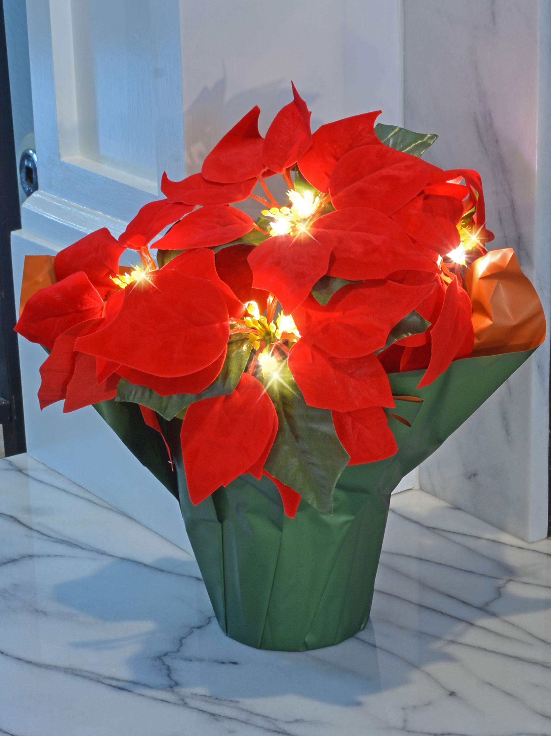 12 Inch LED Lighted Artificial Red Christmas Poinsettia Plant - Battery Operated with Timer - Perfect for Holiday Home Decor, Table Centerpiece, and Festive Party Decorations