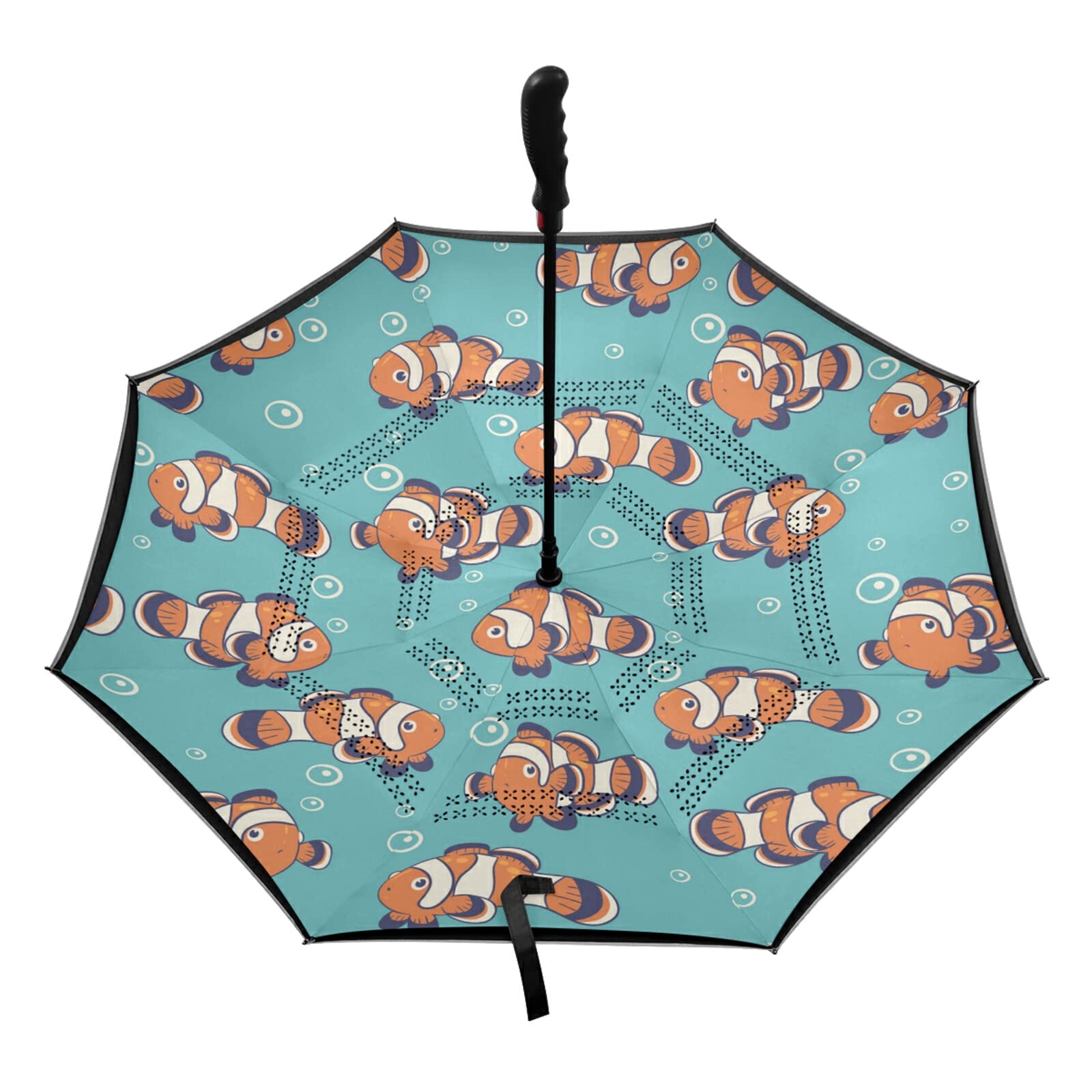 Automatic Open/Close Large Inverted Rain Umbrella with UV Protection - Orange & White Clownfish Underwater Design, Reflective Luminous Layer for Car, Beach & Outdoor Use