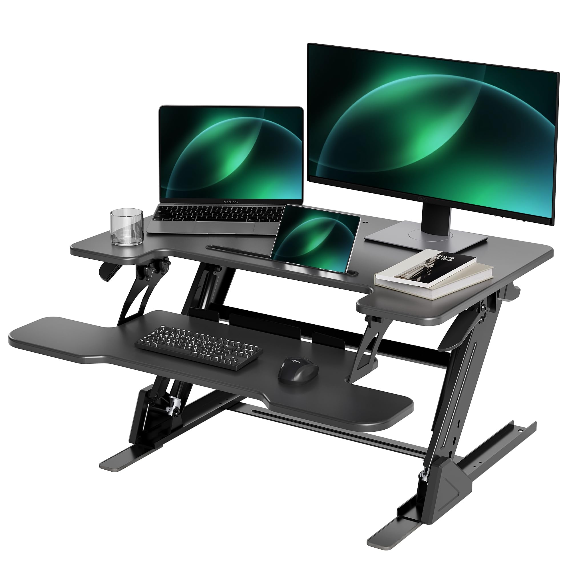 Claiks 32 Inch Standing Desk Converter - Adjustable Height Sit Stand Desk Riser with Keyboard Tray, Dual Monitor Workstation for Home Office (Black) | Perfect for Ergonomic Workspaces & Productivity Boost