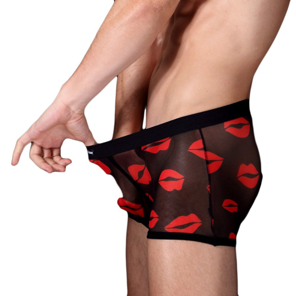 Sexy Mesh Underwear for Men - Transparent Lingerie Boxer Briefs with Hot Lips Design | Comfortable & Breathable Mens Underwear for Date Night, Special Occasions & Intimate Moments