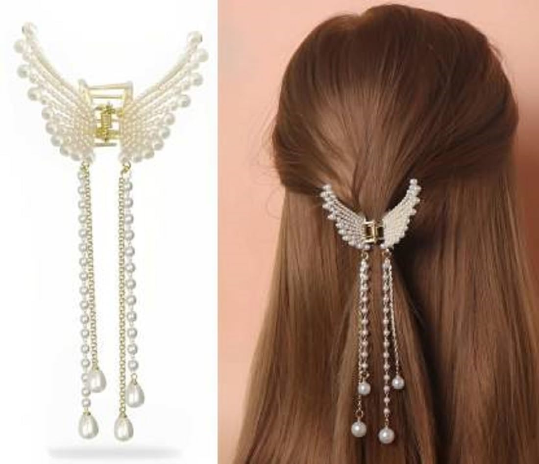 Butterfly Pearl Hair Claw Clip for Women - Large Metal Tassel Hair Clutch with Stone Butterfly Design | Elegant Hair Accessories for Parties, Weddings & Everyday Styling