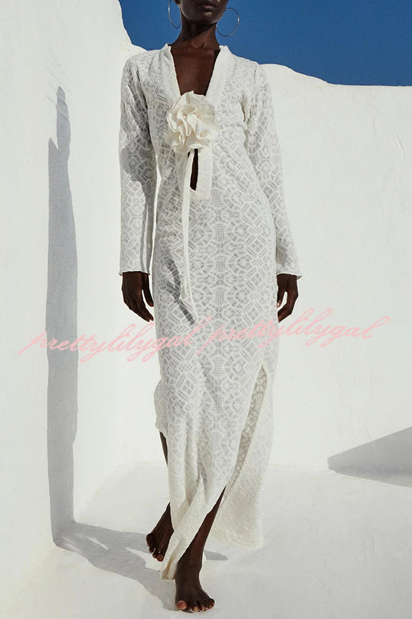 Spanish Breeze Lace Deep V Neck Long Sleeve Maxi Dress with Removable Flowers & High Slit - Perfect for Beach Vacations, Summer Weddings & Boho Photoshoots