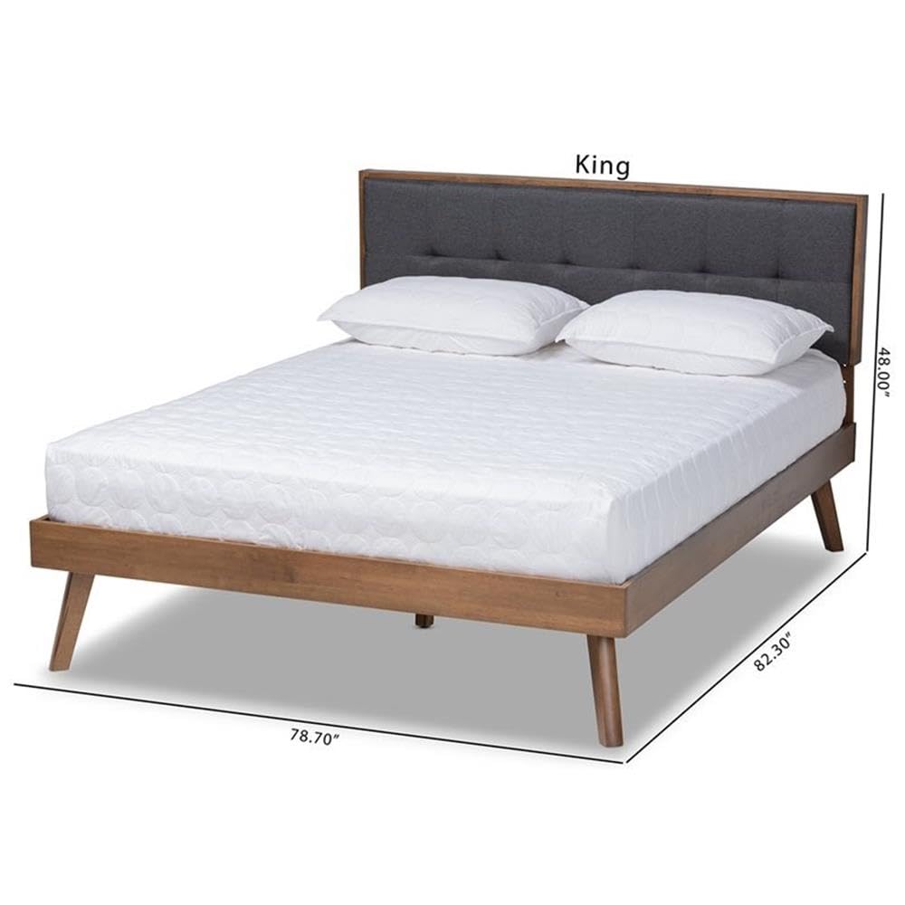 BOWERY HILL Queen Size Platform Bed with Dark Gray Fabric Upholstery and Walnut Finish - Perfect for Modern Bedrooms, Guest Rooms & Small Spaces
