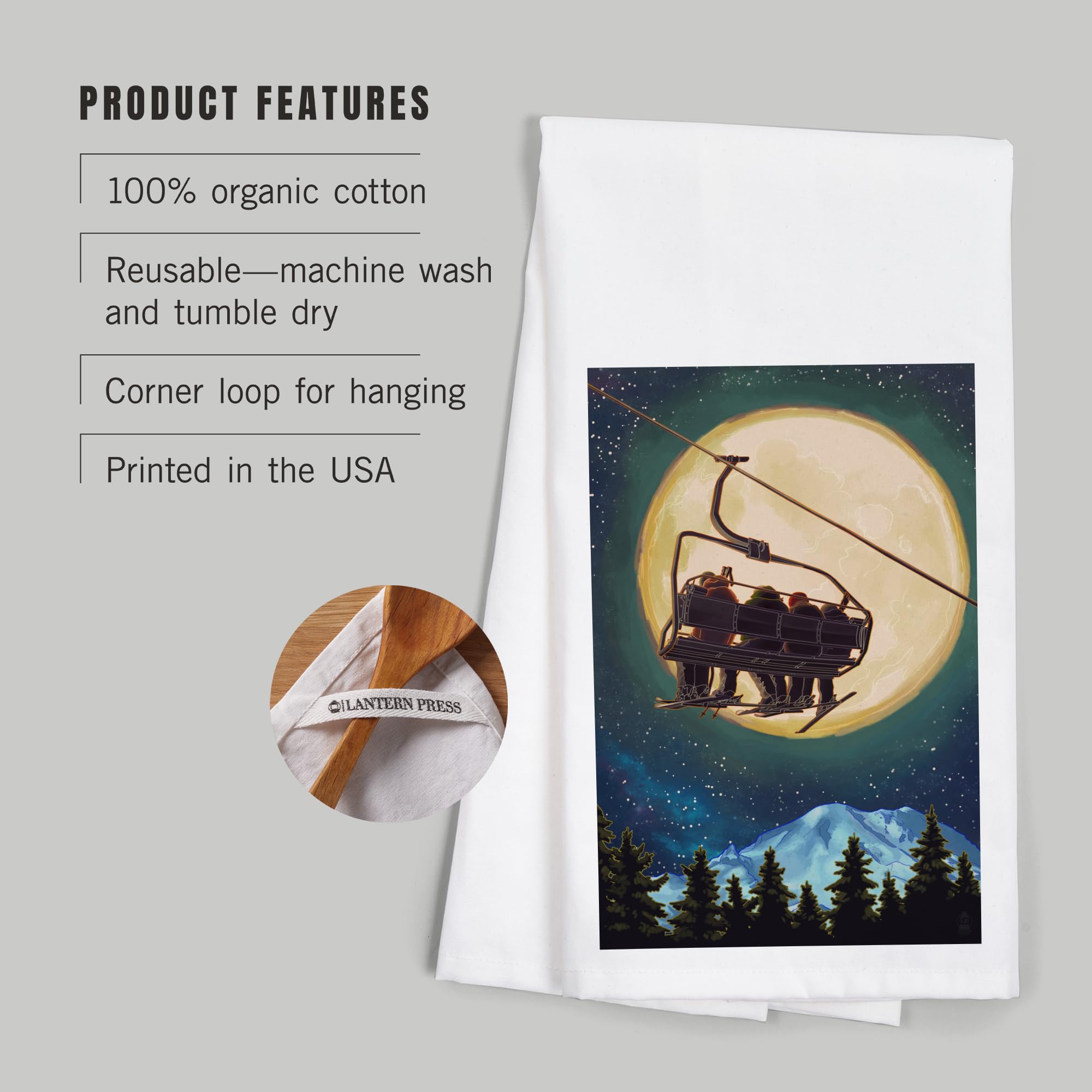 Lantern Press Ski Lift and Full Moon Cotton Tea Towel - 100% Soft Absorbent Kitchen Hand Towel, Decorative Home Dish Towel for Cooking, Drying Dishes & Cozy Cabin Decor