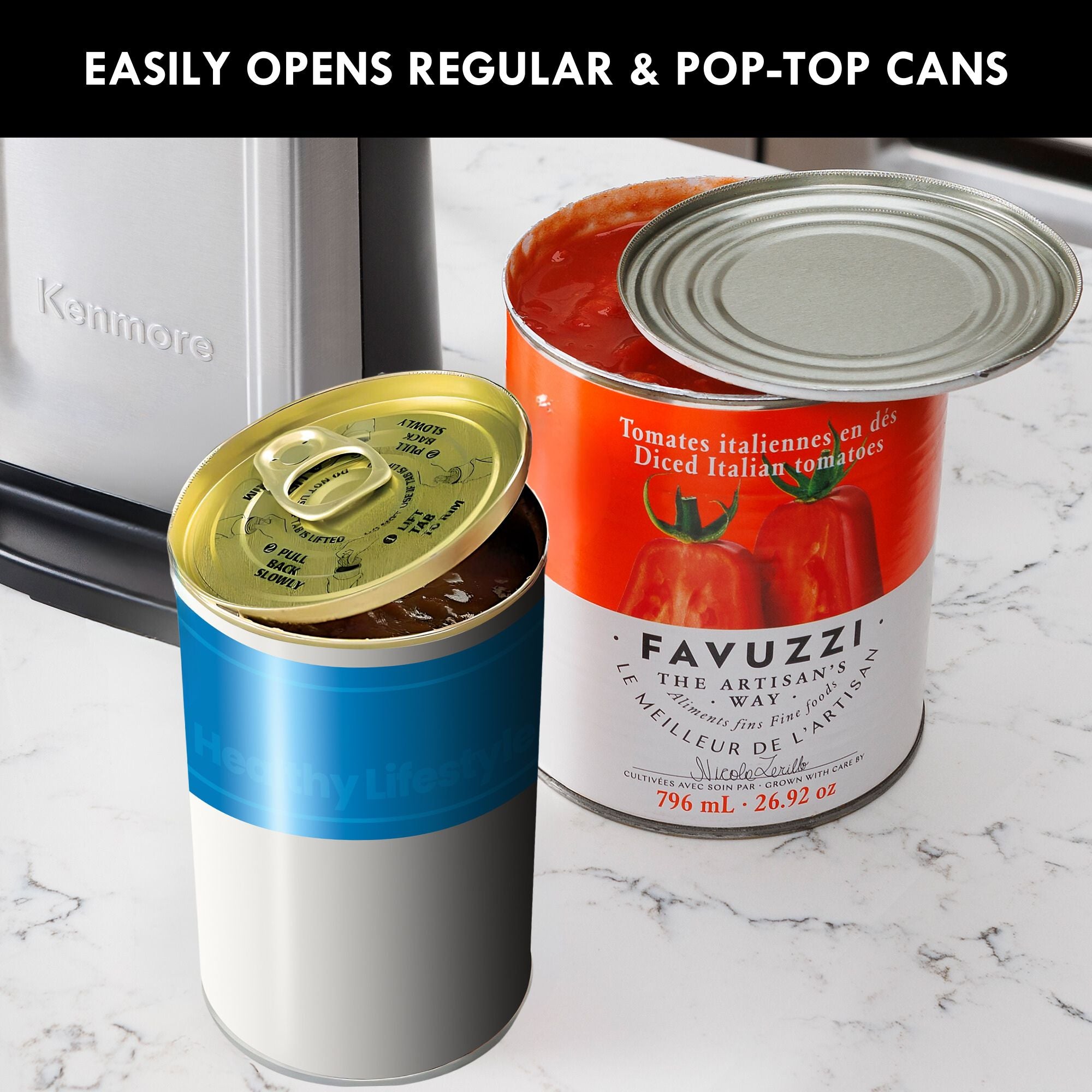 Kenmore Smooth Edge Electric Automatic Can Opener - Safe Touch Side Cut Blade, Extra Tall Design for Large Cans, Easy One-Touch Operation, Opens Regular & Pop-Top Cans, No Sharp Edges, Black & Stainless Steel - Perfect for Kitchen, Camping, and Emergency Preparedness