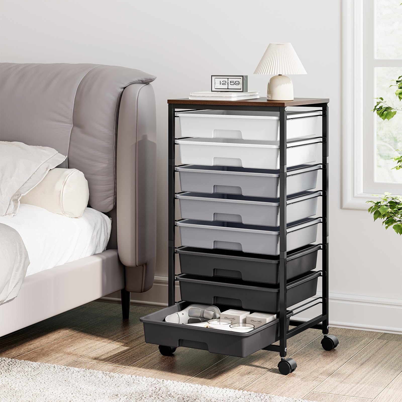 8-Drawer Rolling Storage Cart with Wooden Top - Mobile Organizer for Office, Classroom & Craft Storage