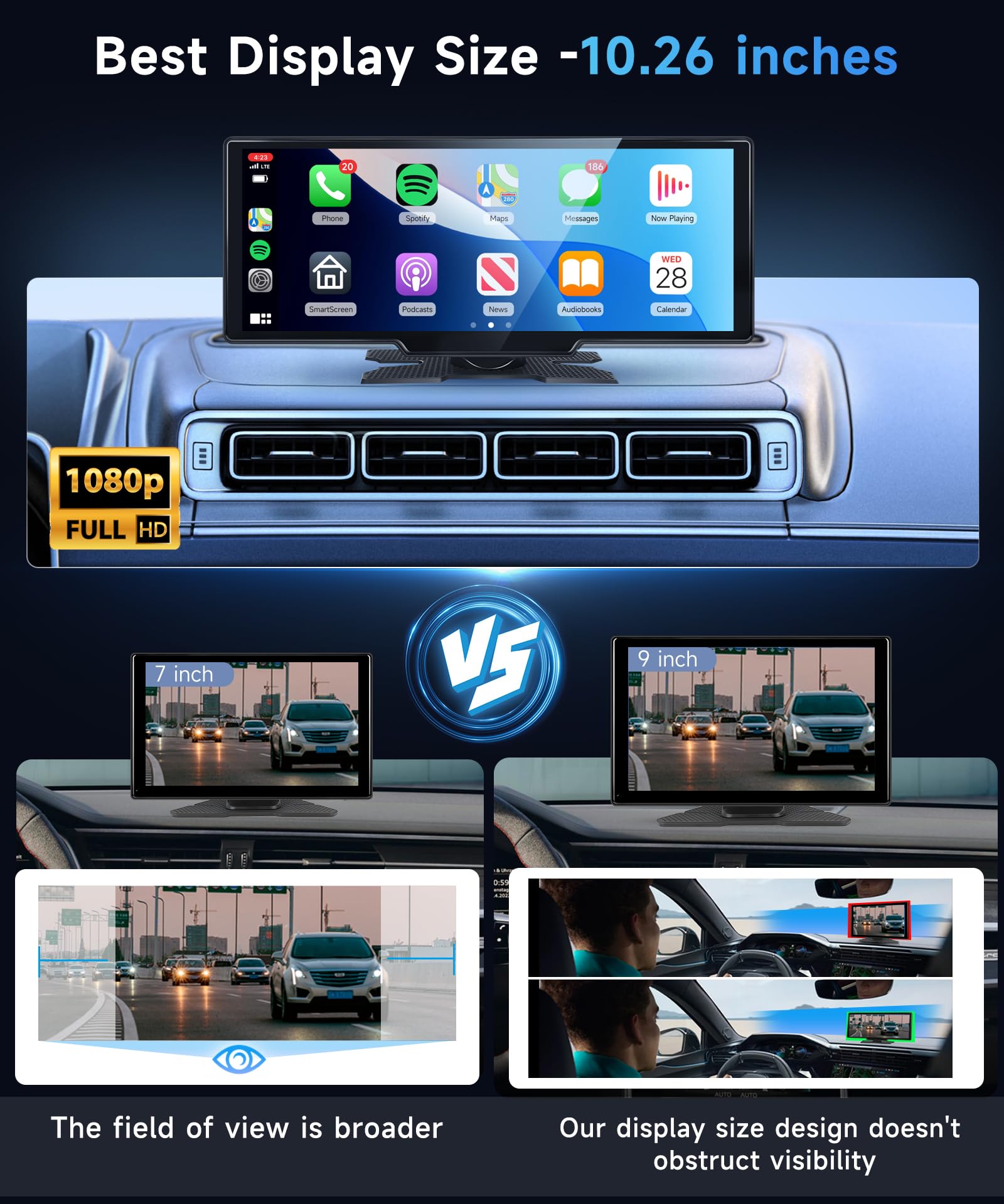 Rimoody 10.26 Inch Portable Car Stereo with Wireless CarPlay & Android Auto - Touchscreen Bluetooth Head Unit with Siri, Rear Backup Camera, Voice Control, TF Card Support (9V-36V) for Road Trips & Daily Commuting