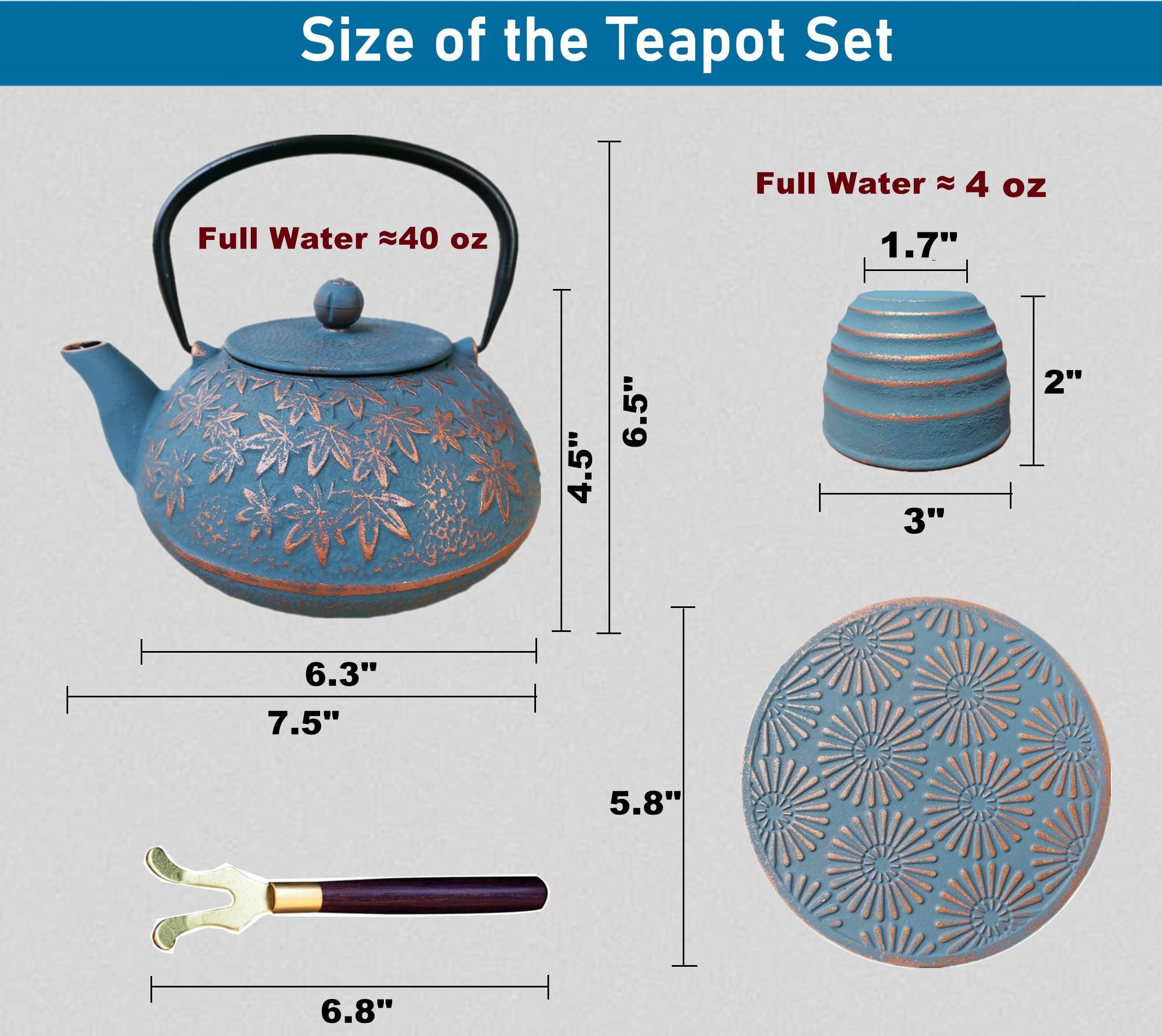 Premium 40 oz Japanese Cast Iron Teapot Set with Stainless Steel Infuser & Trivet - Traditional Asian Loose Leaf Tea Kettle with 2 Matching Cups (Blue) - Perfect for Home Tea Ceremonies, Gift Giving & Relaxing Afternoons