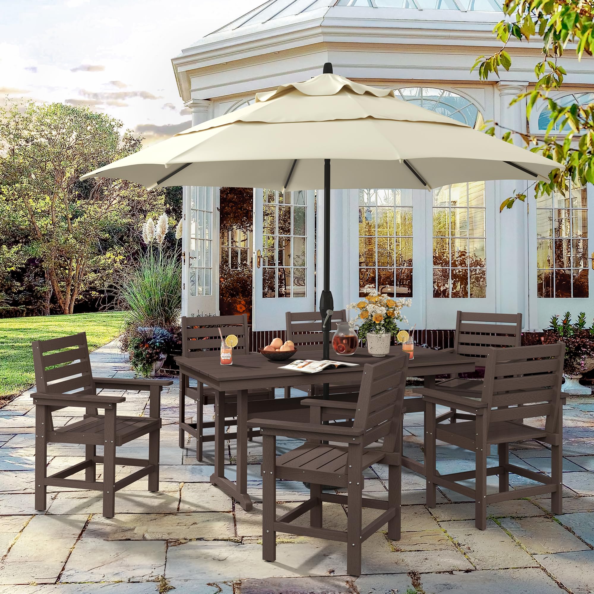 7-Piece HDPE Weather-Resistant Outdoor Dining Set with Umbrella Hole - Rectangle Patio Table & 6 Chairs for Balcony, Garden, Backyard (Dark Brown) | Perfect for BBQs, Family Gatherings & Outdoor Entertaining
