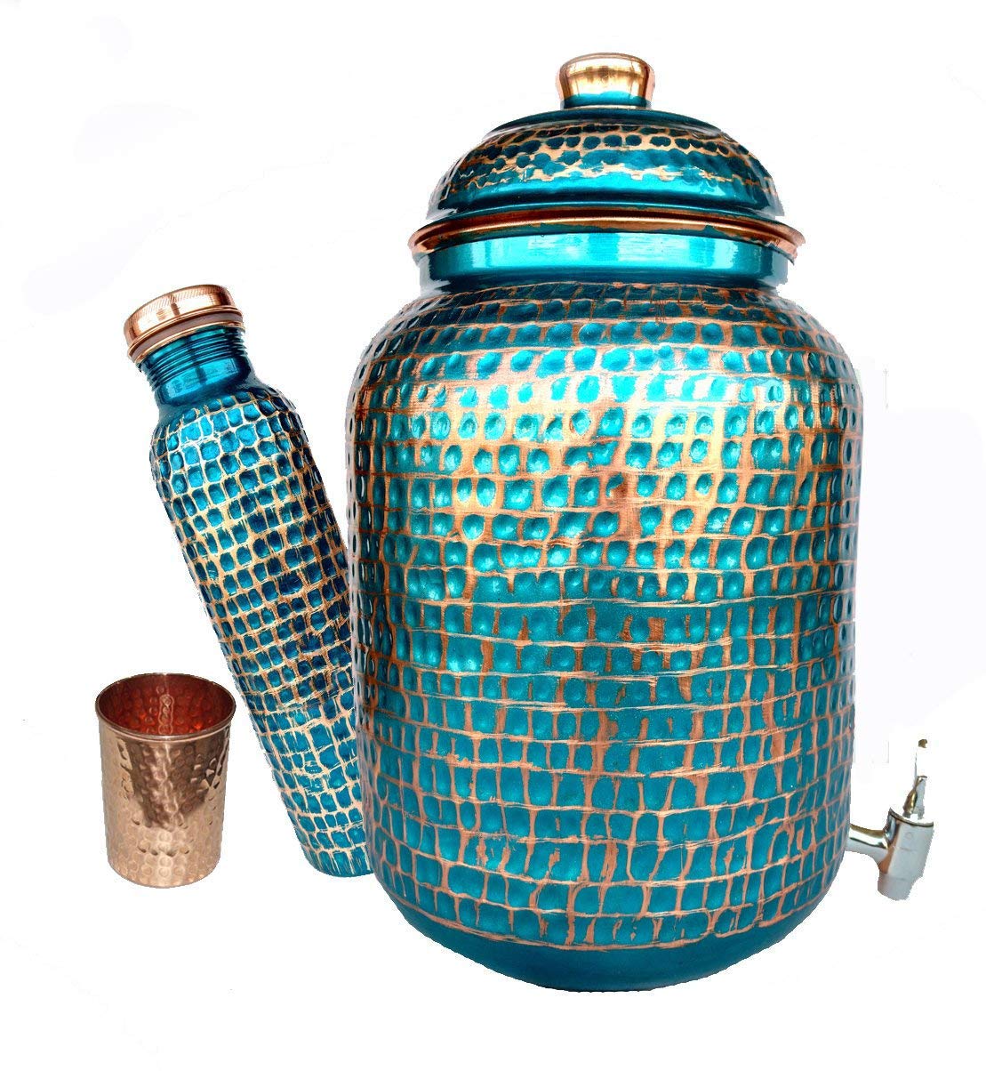 Pure Copper Hammered Water Storage Tank & Bottle Set - 4 Liter Capacity, Blue Pot with Tumbler - Traditional Handcrafted Copperware for Ayurvedic Water Purification, Home Decor & Wellness Rituals