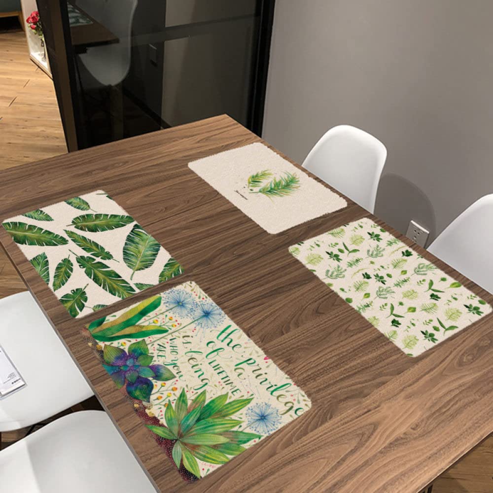 4-Pack Green Banana Leaf Printed Cotton Linen Placemats - Heat Resistant, Washable & Reusable Table Mats for Dining Room, Kitchen, and Outdoor Picnics