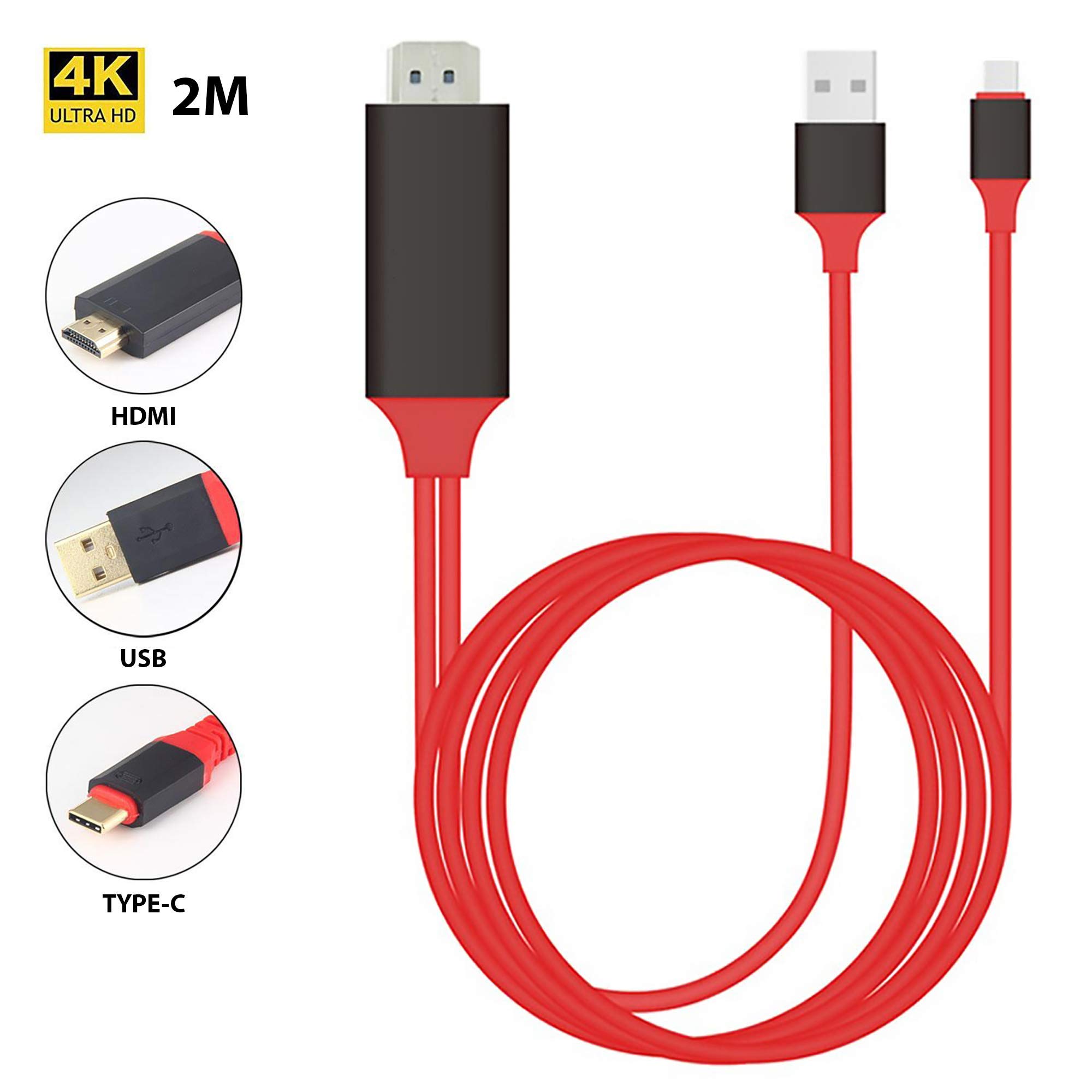 Premium 4K HDMI to USB-C Cable with Power Delivery - 6ft/2M Thunderbolt 3 Compatible for Jabra Elite Active 75t Plus - Supports 2160p@60Hz 4K Video & Fast Charging - Perfect for Home Theater, Gaming & Office Setup [Red]