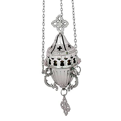 Christian Brass Hanging Oil Vigil Lamp with Cross - Orthodox Prayer Oil Candle with Glass Cup - Religious Home Decor for Church, Altar & Spiritual Meditation