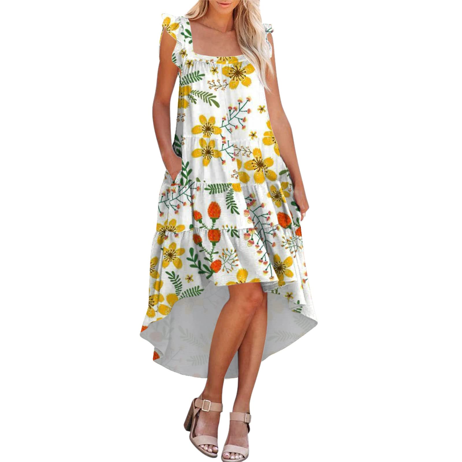 Women's Summer Flowy Midi Dress - Sleeveless Ruffle Sleeve with Pockets, Loose Fit Pleated Design | Perfect for Beach Vacations, Date Nights & Casual Outings