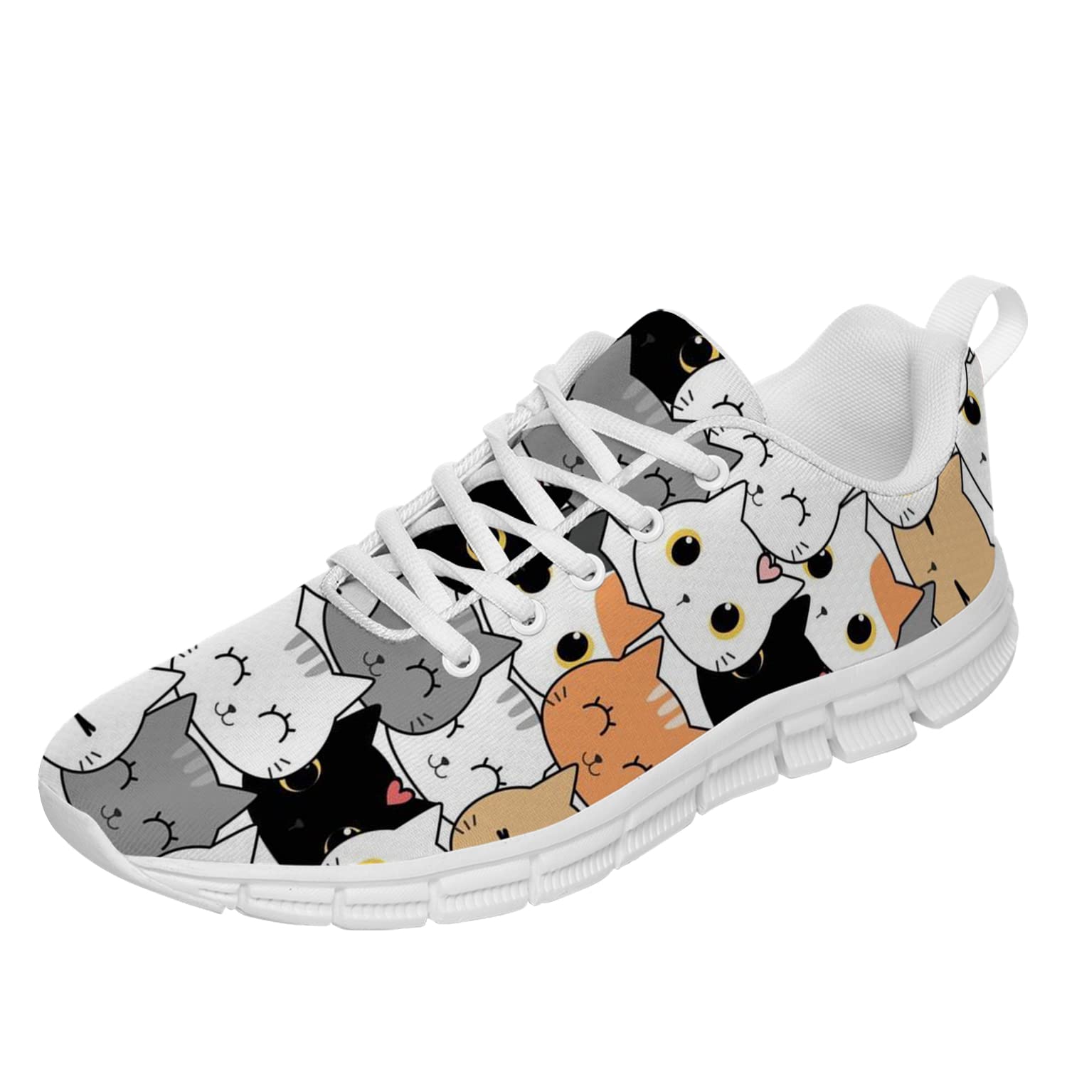 Cat Print Sneakers for Women & Men - Cute Kitten Head Pattern Tennis Walking Running Shoes - Gifts for Cat Lovers (Men's Size 8, Women's Size 9.5, White) - Perfect for Casual Wear, Jogging & Cat-Themed Outfits