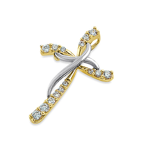14K Yellow & White Gold Round CZ Cross Pendant - Elegant Religious Jewelry for Women, Perfect for Baptism, Confirmation & Everyday Faith Inspired Fashion