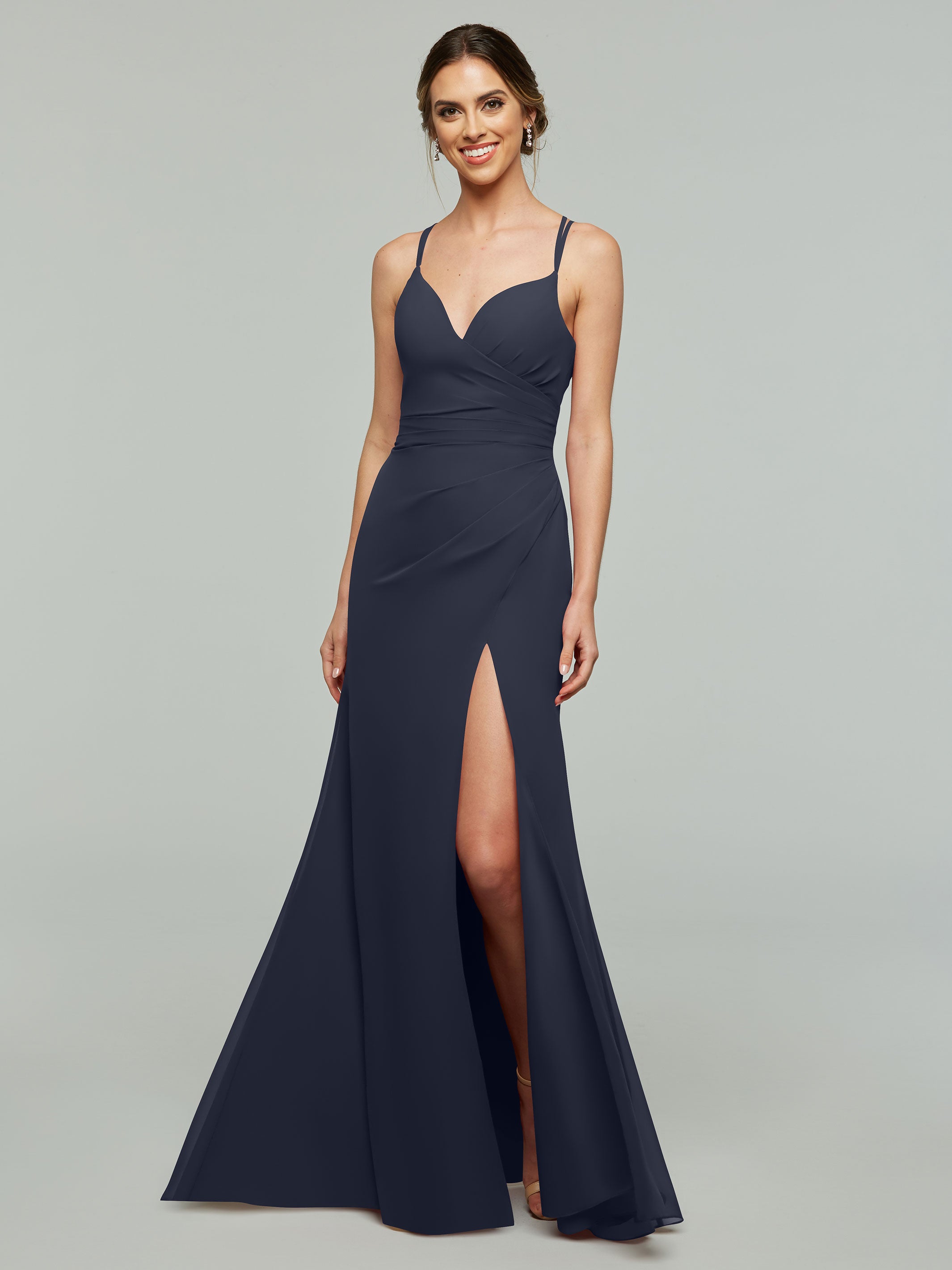 Elegant 80130 Chiffon Sheath Bridesmaid Dress with V-Neck & High Slit - Perfect for Weddings, Formal Events & Evening Parties