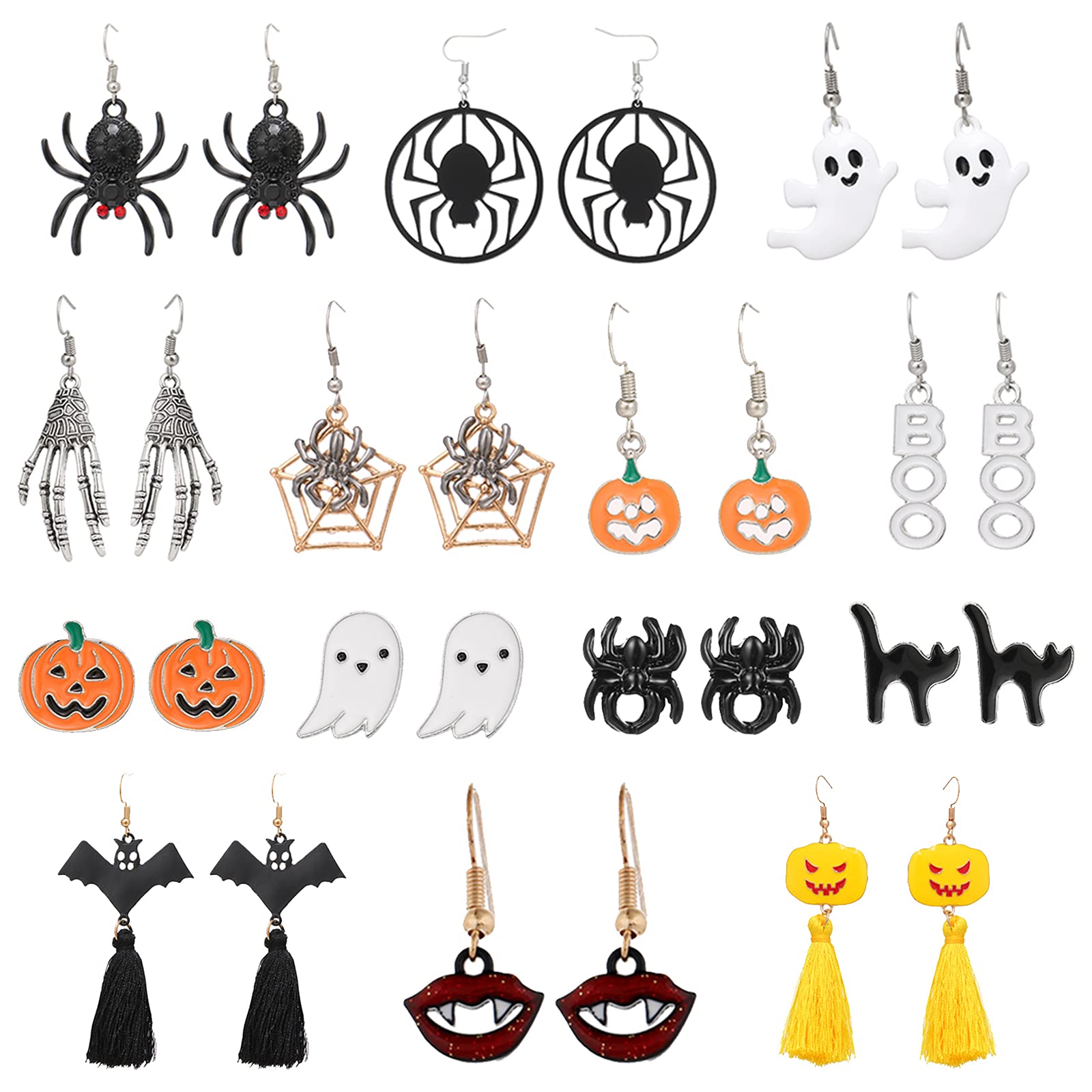 24 Pairs Halloween Stud Earrings Set - Bat, Cat, Witch, Spider Web, Pumpkin & Skull Drop Earrings for Women | Spooky Jewelry for Costume Parties, Trick or Treat & Halloween Accessories