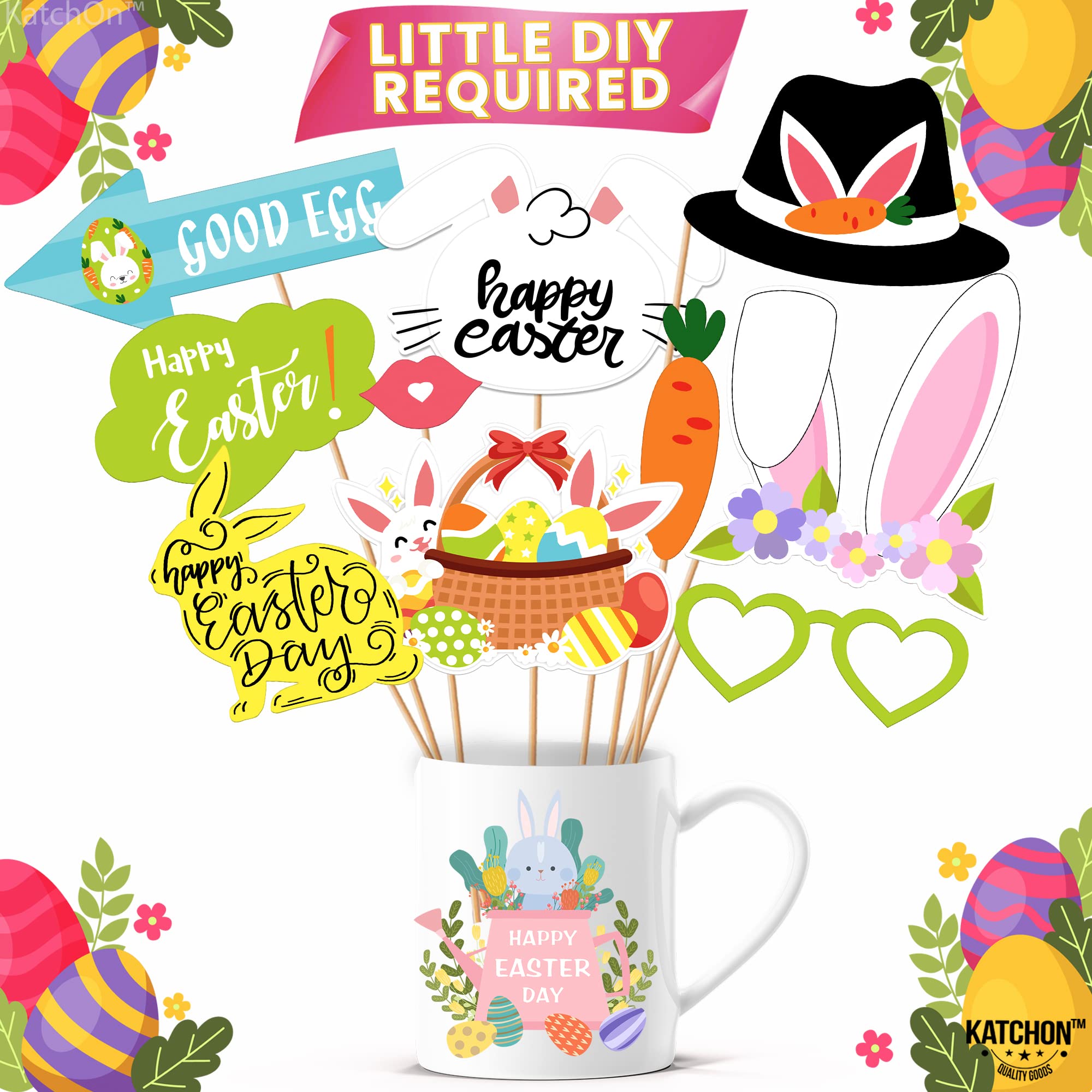 KatchOn Happy Easter Photo Booth Props - 31-Piece Set for Easter Photoshoot & Spring Party Decor | Easter Photography Backdrops, Bunny Ears & Themed Signs | Perfect for Easter Egg Hunts, Family Photos & Spring Celebrations