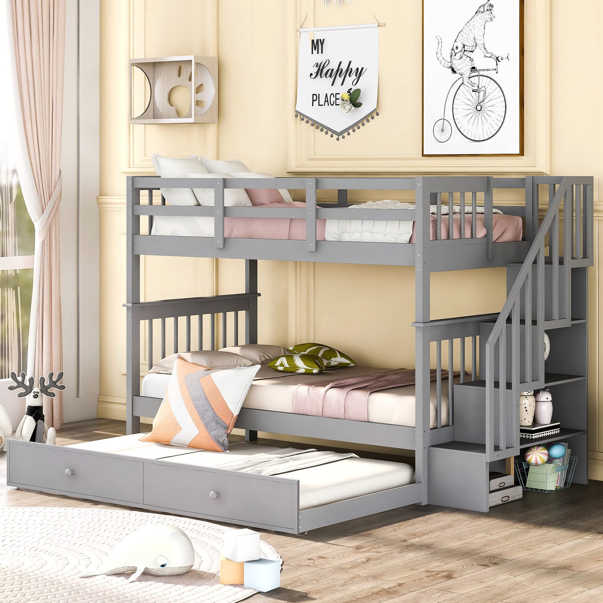SOFTSEA Twin Over Twin Bunk Bed with Trundle - Space-Saving Kids & Teens Bedroom Furniture (Gray) - Perfect for Small Rooms, Sleepovers & Guest Accommodation