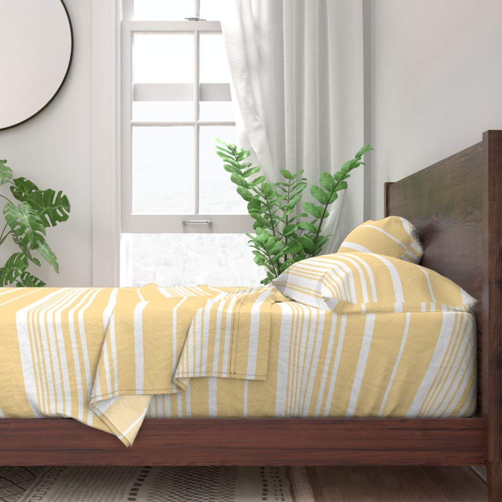 Scandinavian Style 100% Cotton Queen 4-Piece Sheet Set - Pastel Lemon Stripes Nautical Nordic Print | Yellow Beach House Custom Bedding for Coastal & Boho Decor