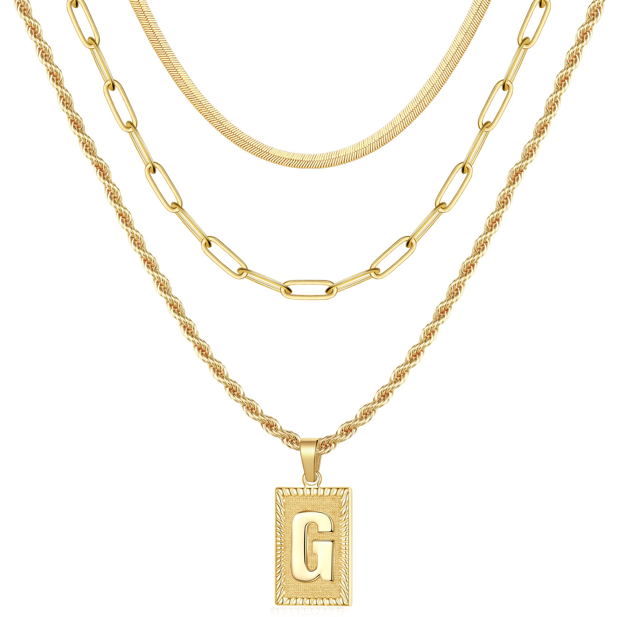 14K Gold Plated Layered Initial Necklaces for Women - Dainty Paperclip, Snake Chain & Square Pendant Letter Necklace Set | Perfect for Layering, Everyday Wear, Date Nights & Gift Giving