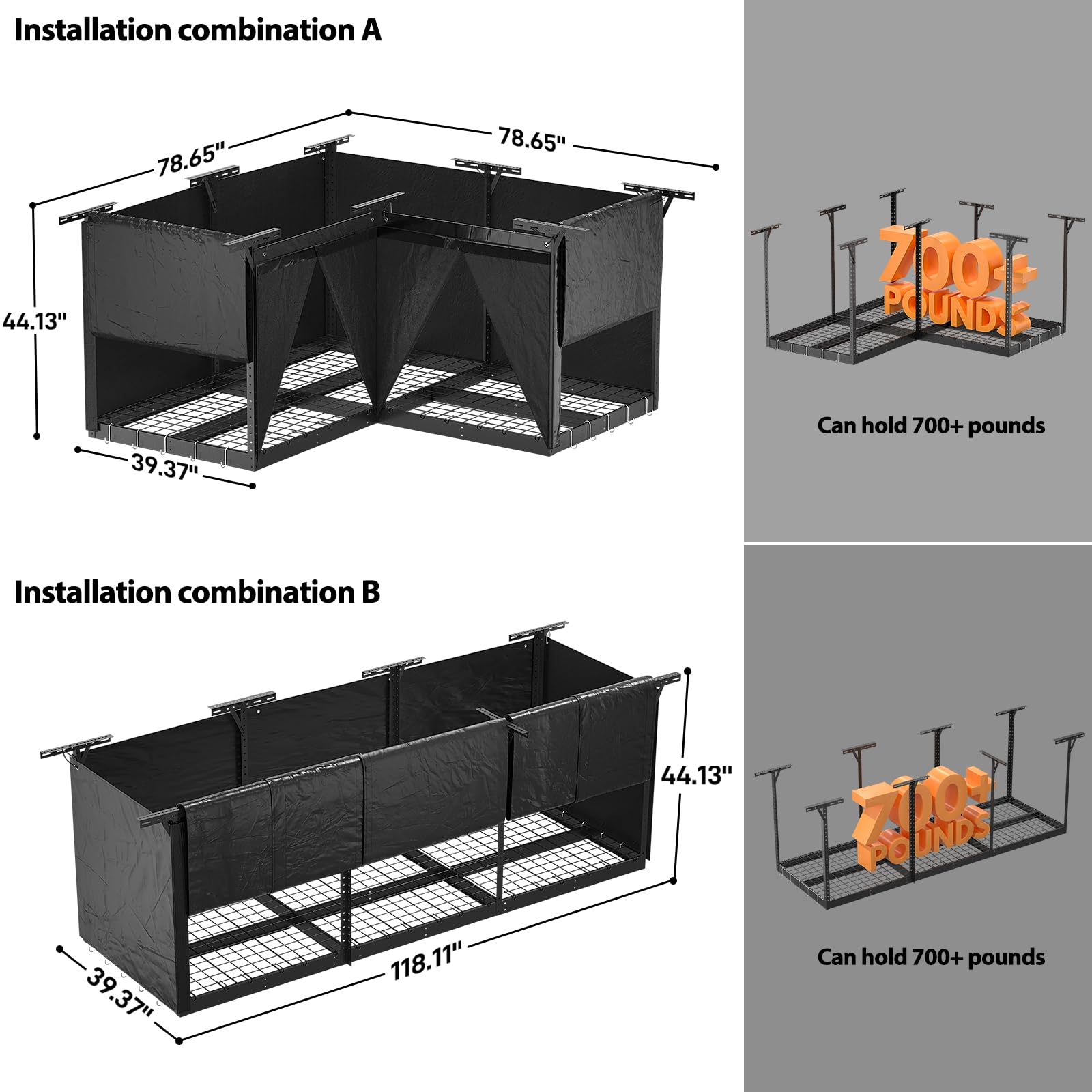 Heavy Duty L-Shaped Overhead Garage Storage Rack - Adjustable Height 700LB Capacity with Oxford Cover - Reversible Ceiling Storage System for Garage, Warehouse & Home Organization - Perfect for Storing Seasonal Items, Sports Equipment & Bulk Supplies