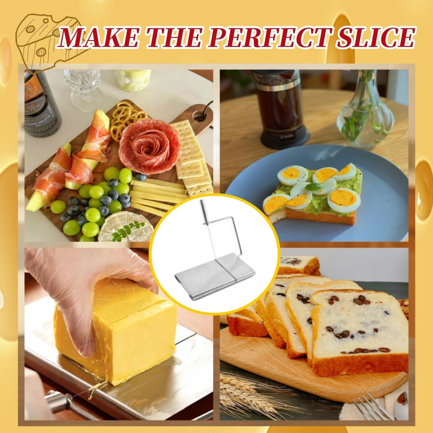 Premium Stainless Steel Cheese Slicer with 5 Wires - Heavy Duty Cheese Cutter Set Includes Metal Slicer & Cutting Board - Perfect for Hard Cheeses Like Cheddar, Gouda - Ideal for Home Kitchens, Restaurants, and Cheese Platter Preparation